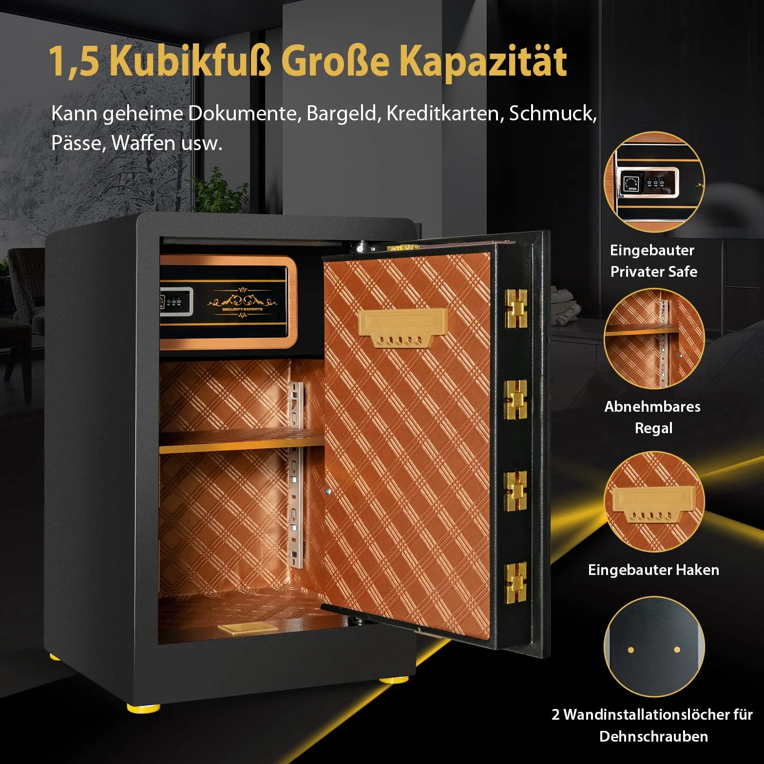 COSTWAY 42,5 l sejf z zamkiem szyfrowym, wbudowany zamykany pojemnik, zdejmowany regał, ognioodporny sejf meblowy, sejf domowy, z 2 kluczami ratunkowymi, 37,5 x 36,5 x 59 cm