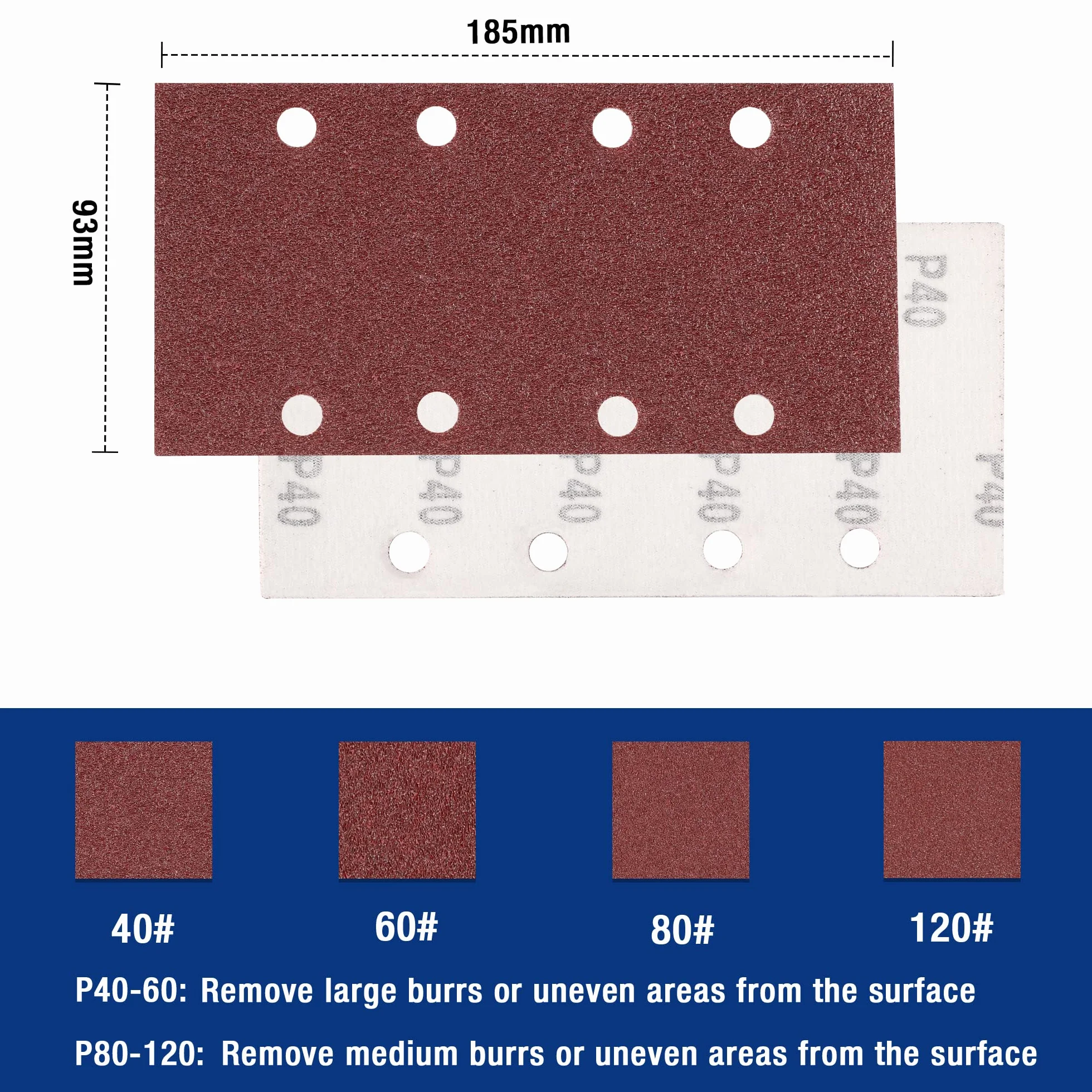WORKPRO Tarcze szlifierskie 100 sztuk, prostokątne tarcze ścierne (185 x 93 mm) z 8 otworami, ziarno 40, 60, 80, 120 do polerowania, zwijania, wykończenia