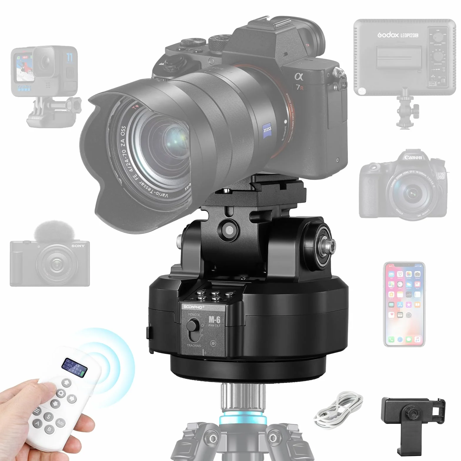 Soonpho M6 zmotoryzowana głowica statywu 360°, elektryczna, zdalna, panoramiczna z zaciskiem telefonicznym i AI Face Tracking, rozpoznawanie gestów