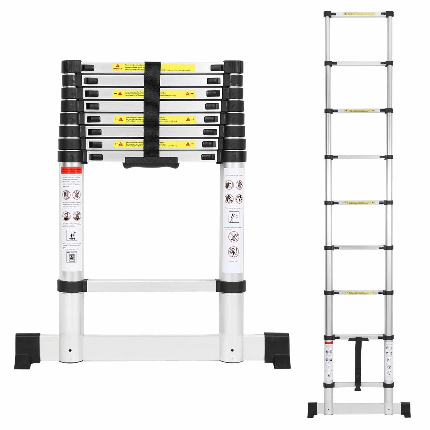 Drabina teleskopowa, 2,6 m, aluminiowa drabina wysuwana ze stabilizatorem, obciążenie 150 kg, antypoślizgowa drabina aluminiowa, drabina stojąca, wielofunkcyjna drabina na strych, do biura