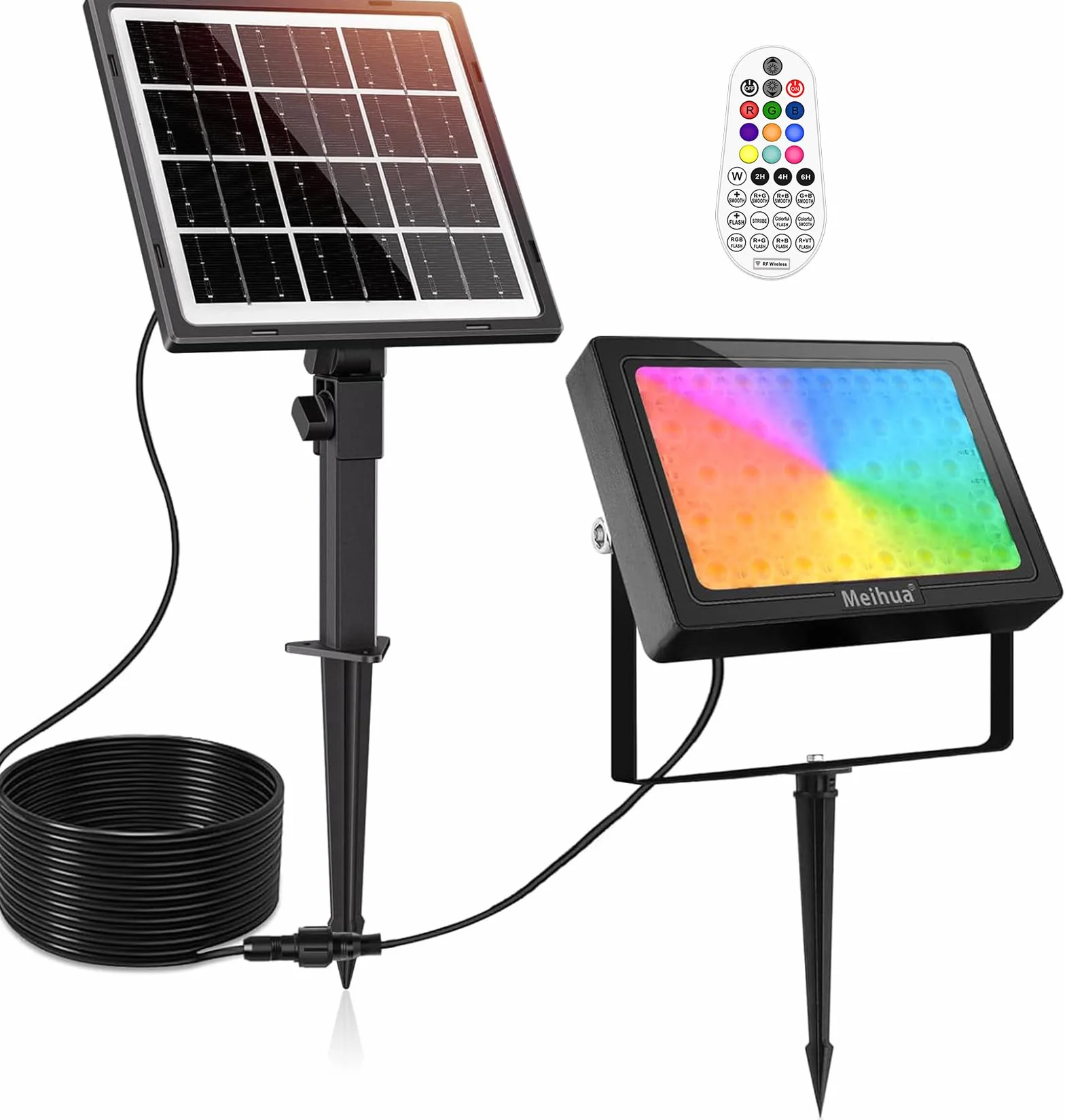 MEIHUA 30W reflektor RGB LED z pilotem zdalnego sterowania, reflektor solarny wielokolorowy, wodoodporny IP66, lampy solarne, 10 kolorów, 30 trybów, 6 poziomów jasności, timer, reflektor RGB solarny