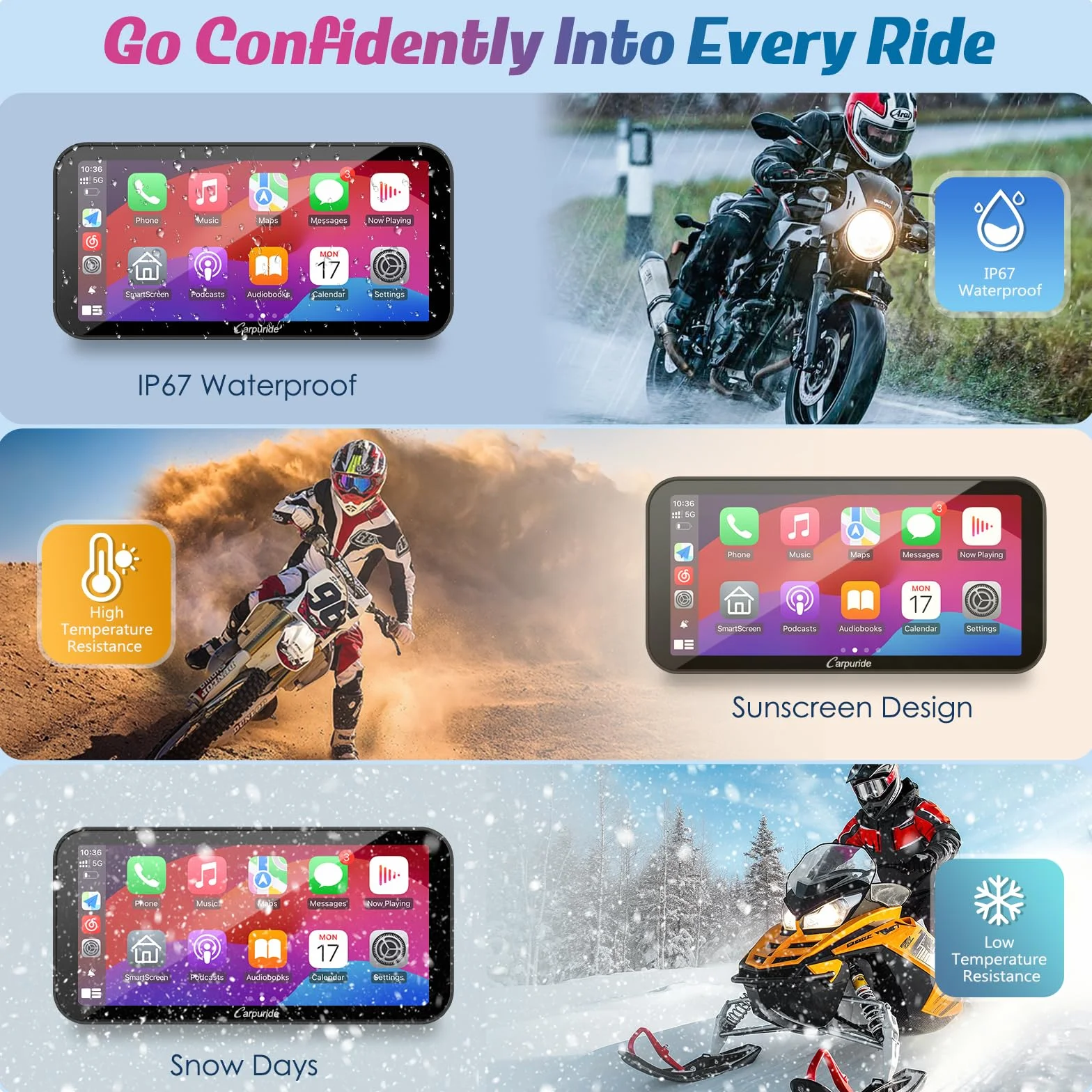 Carpuride W603B BMW R1200GS R1250GS S1000XR Motocykl Carplay Ekran Wodoodporny 6,3-calowy Dotykowy Nawigacja GPS Android Auto Przenośny