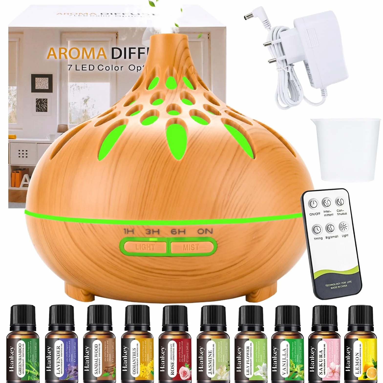 Dyfuzor Zapachowy,500ml Aromatyczny Nawilżacz Powietrza,Dyfuzor do Aromaterapii z 10 Dyfuzor Olejków Eterycznych,Bardzo Cichy,Pilot Zdalnego Sterowania,Nadaje Się do Sypialni, Biur I Spa