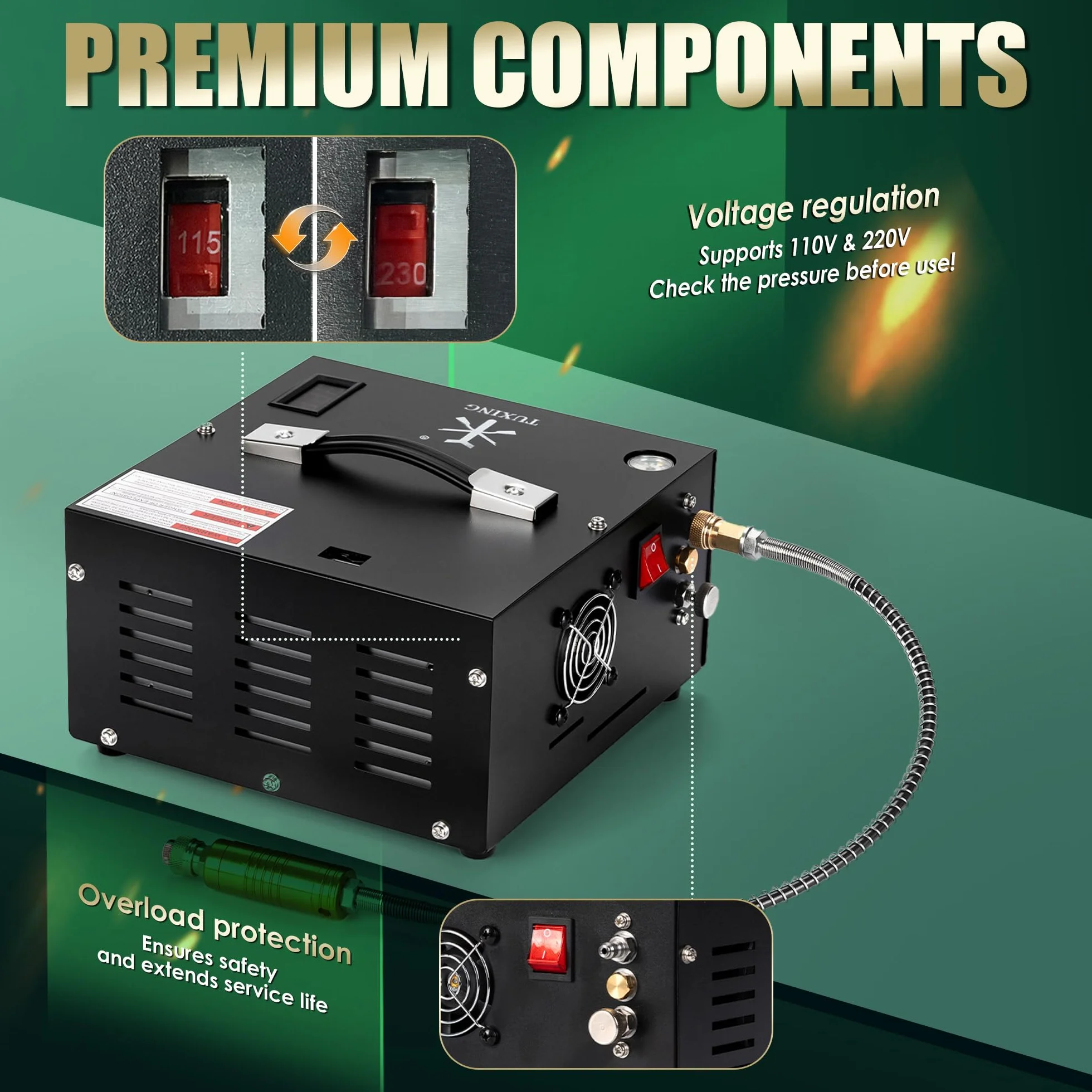 Sprężarka powietrza TUXING PCP 4500Psi 30Mpa bezolejowa 12V 220V pompa do wiatrówek TXES061