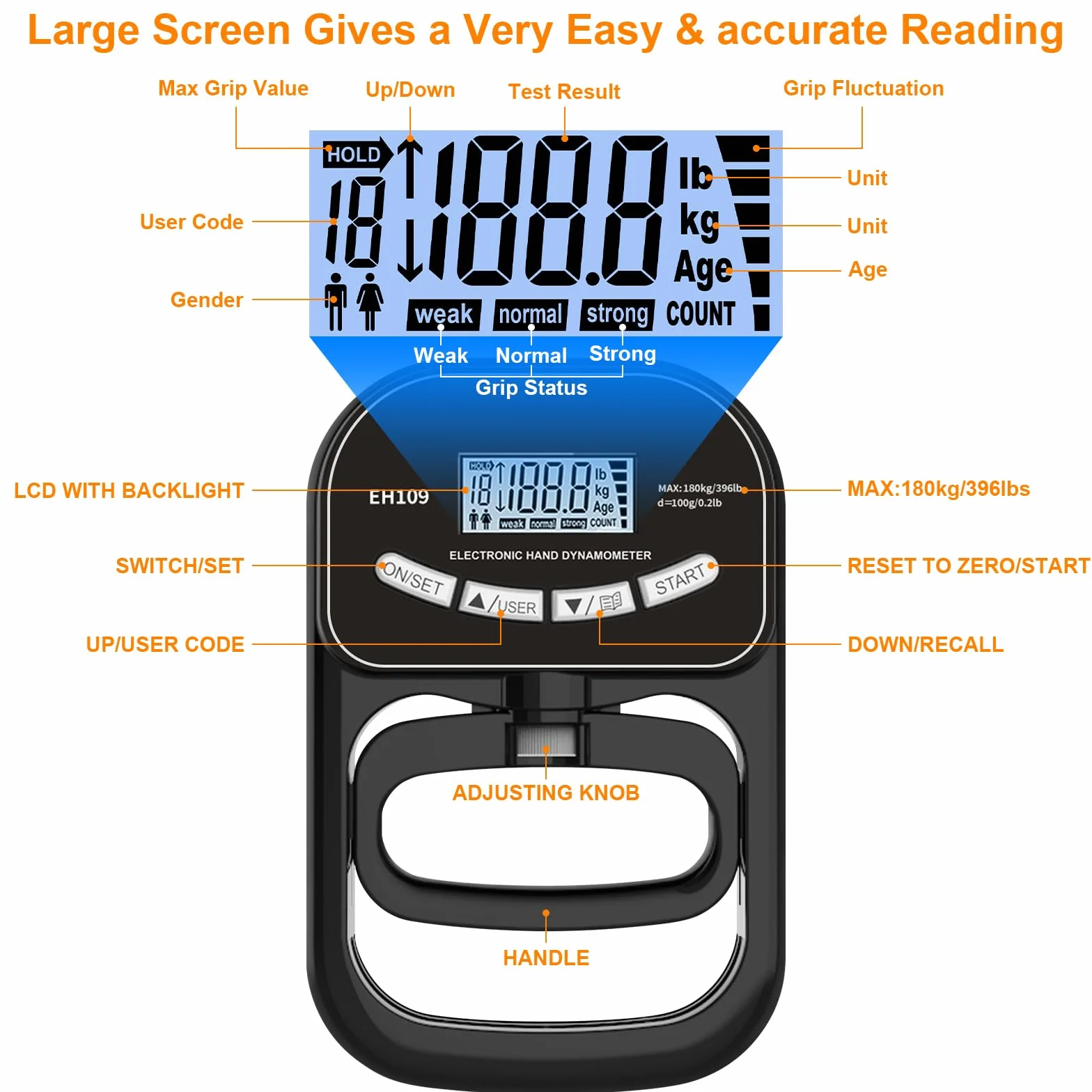 180 kg / 396 lbs, ręczny dynamometr, cyfrowy ręczny dynamometr, tester siły chwytu z wyświetlaczem LCD, czarny