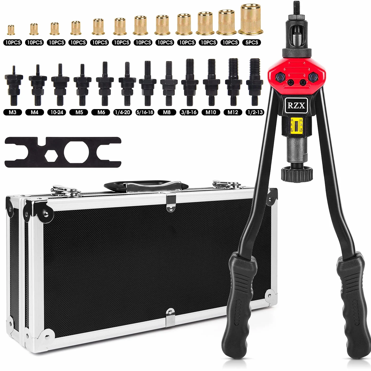 RZX 16" RIVET NUT TOOL Hand Blind Riveter,RIVNUT Riveting Tools with Nut Setting System totally 12mandrels M3 M4 M5,m6,m8,m10 M12, 10-24, 1/4-20, 5/16-18,3/8-16,1/2-13 +115PCS Rivets Nuts