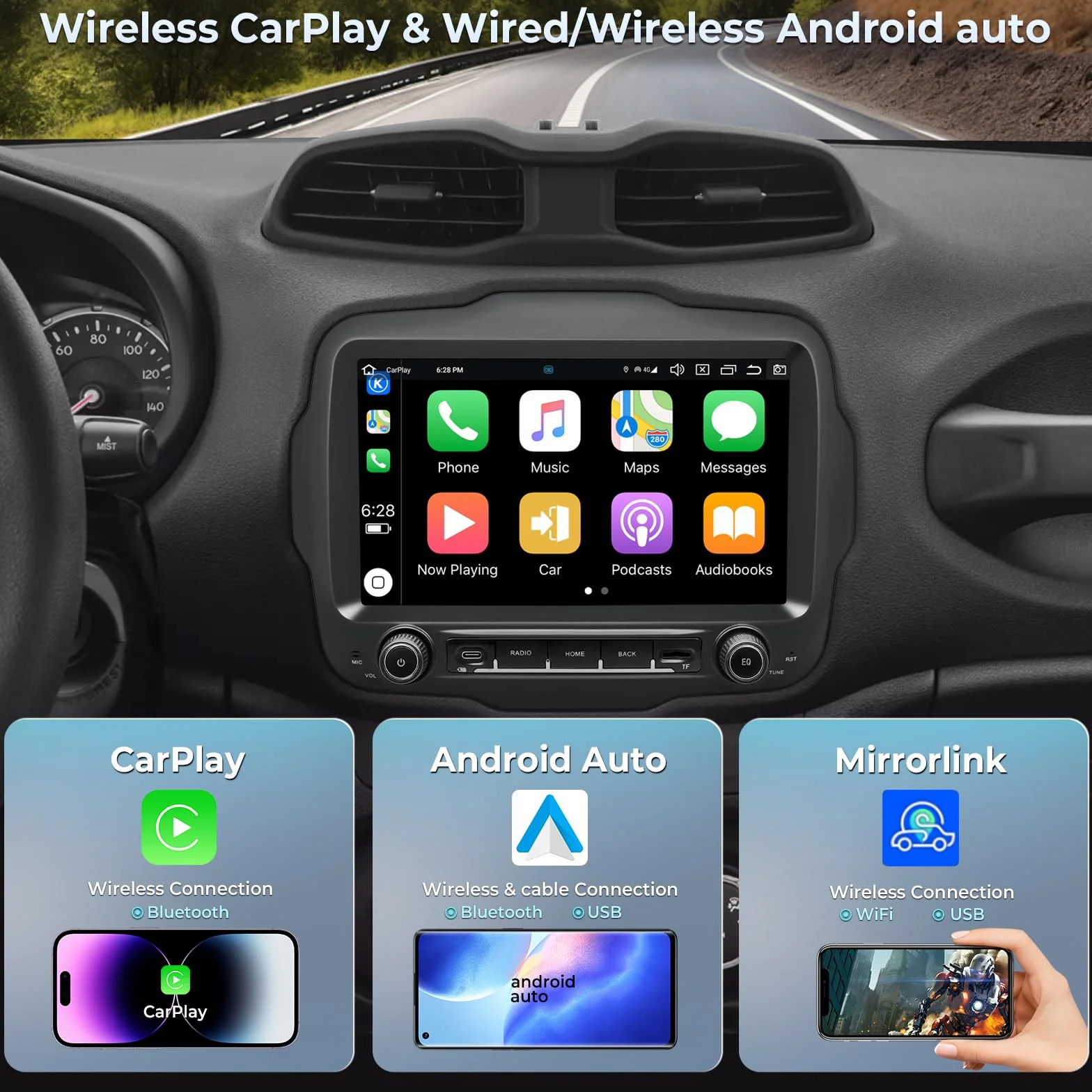Radio samochodowe do Jeep Renegade 2015-2020 z 9-calowym ekranem dotykowym Android 14, obsługa bezprzewodowego CarPlay Android Auto, nawigacja GPS Bluetooth 5.0 WiFi 4G FM RDS DSP SWC DAB (4 +
