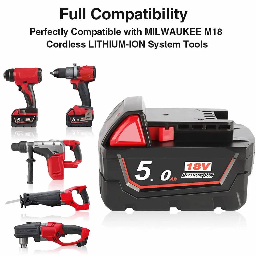 2 x Powarobor M18B5 18 V 5,0 Ah akumulator zastępczy kompatybilny z Milwaukee M18 18 V akumulator 48-11-1860