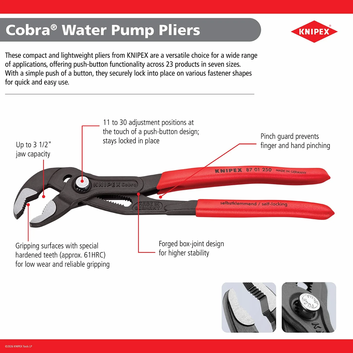 KNIPEX Cobra Szczypce nastawne do rur nowej generacji fosforanowana, szara pokryte antypoślizgowym tworzywem sztucznym 250 mm, 87 01 250