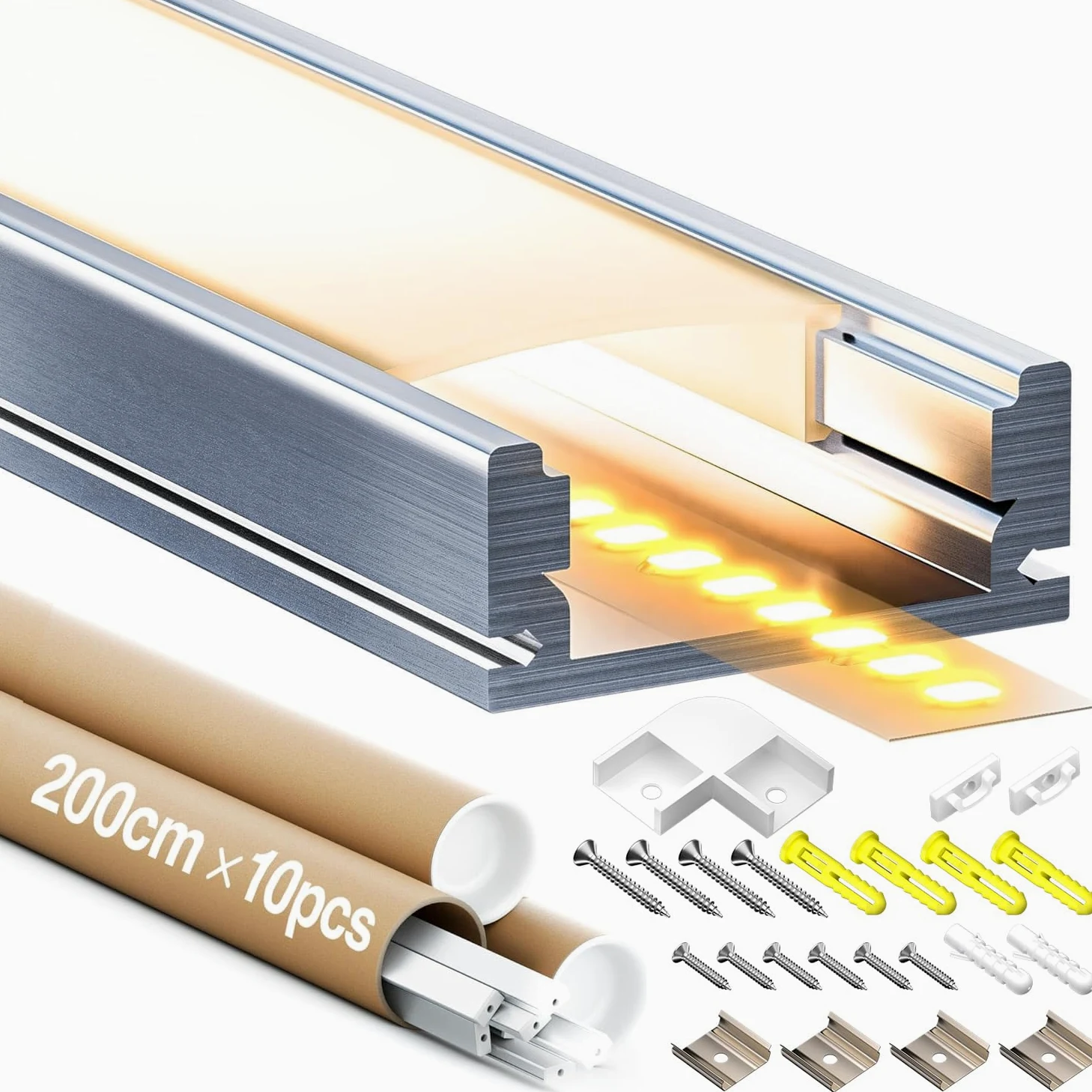 Aluminiowy profil do taśm LED, matowe ekranowanie, 2 m x 5 szt. 10 m, pasuje do taśm świetlnych różnych producentów, 17,4 mm x 7 mm, maksymalna szerokość taśmy LED 12,4 mm SP26
