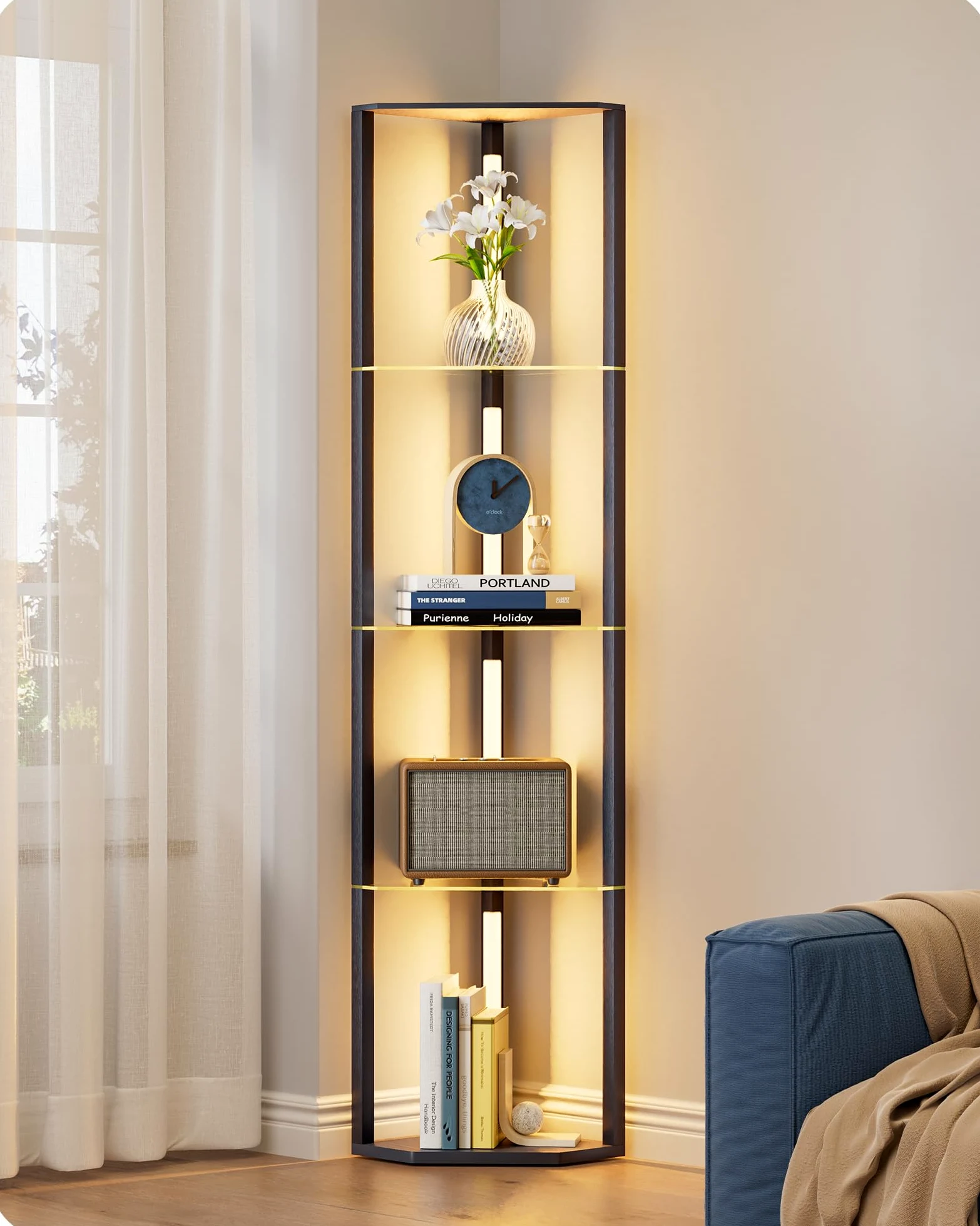 EDISHINE Lampa stojąca do salonu, drewniana, retro z 4 półkami ze szkła, możliwość ściemniania i 3 temperatury barwowej, 20 W, obracane o 360°, drążki LED, lampa stojąca z przełącznikiem nożnym, do