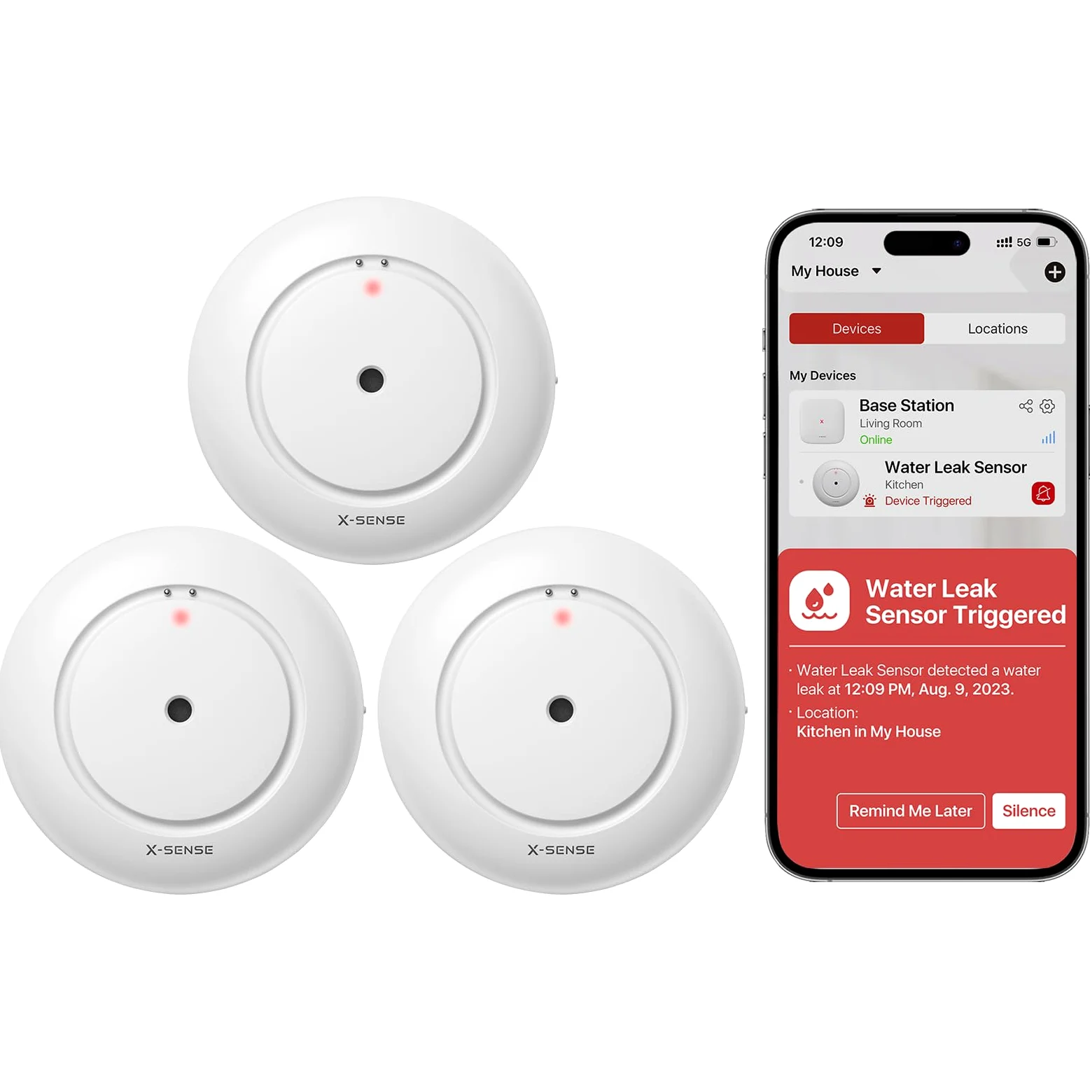 X-Sense Inteligentny wykrywacz wycieku wody Wi-Fi, czujnik wody SWS54 SWS51 3-pak