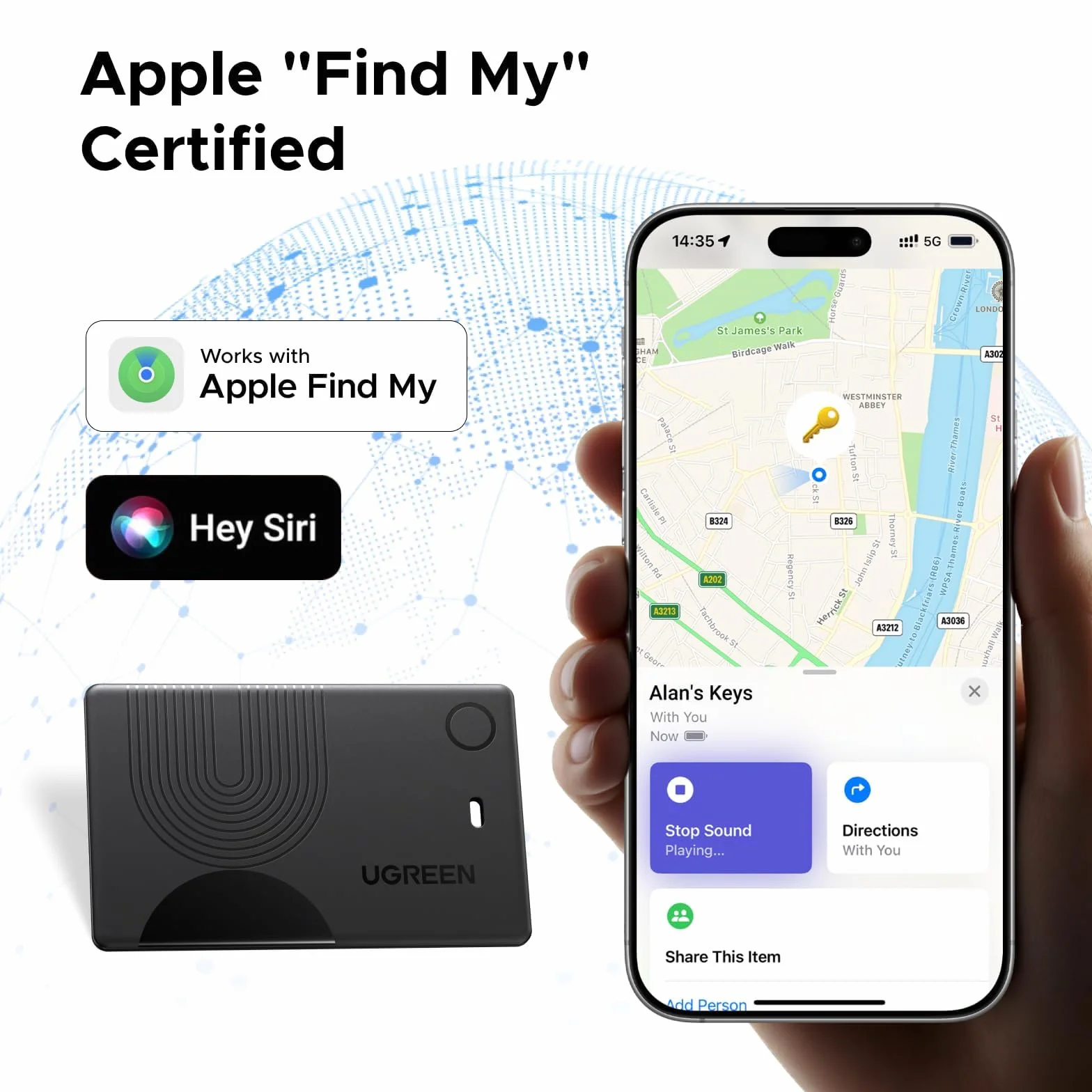 UGREEN FineTrack Slim lokalizator Bluetooth Apple Find My iOS, bateria 5-7 lat, sygnał 100 dB, do paszportów i portfeli