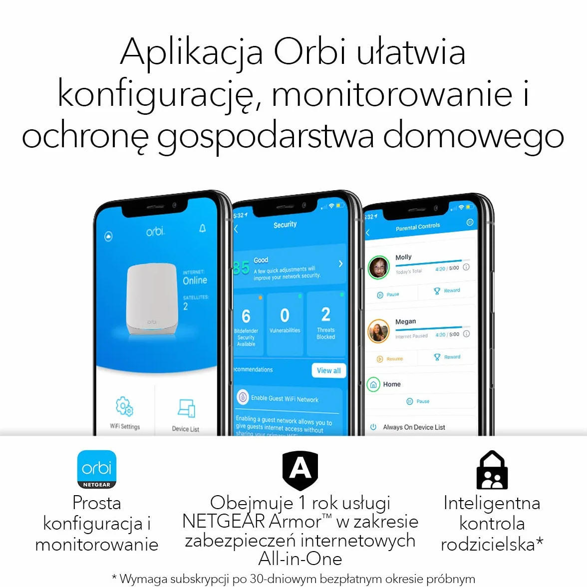 NETGEAR System Orbi Whole Home Tri-Band Mesh WiFi 6 (RBK763S) — router z 2 wzmacniaczami satelitarnymi - Zasięg do 525 m2, 75 urządzeń - AX5400 (do 5,4 Gb/s)