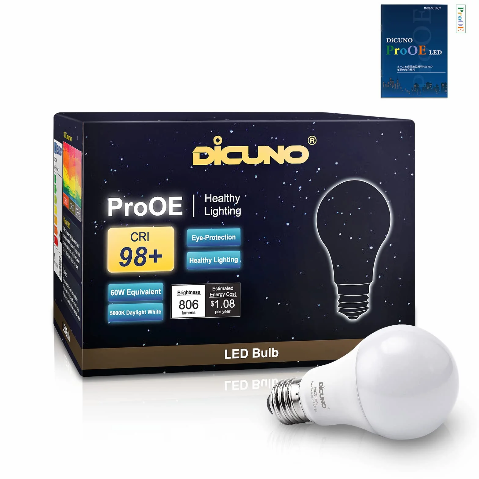 DiCUNO ProOE żarówka LED A60 9 W, oprawka E27, zimna biel, 5000 K, odpowiednik 60 W, 806 lumenów, IRC98, oszczędność energii, nieściemnialna, 100-240 V, zestaw 6 sztuk