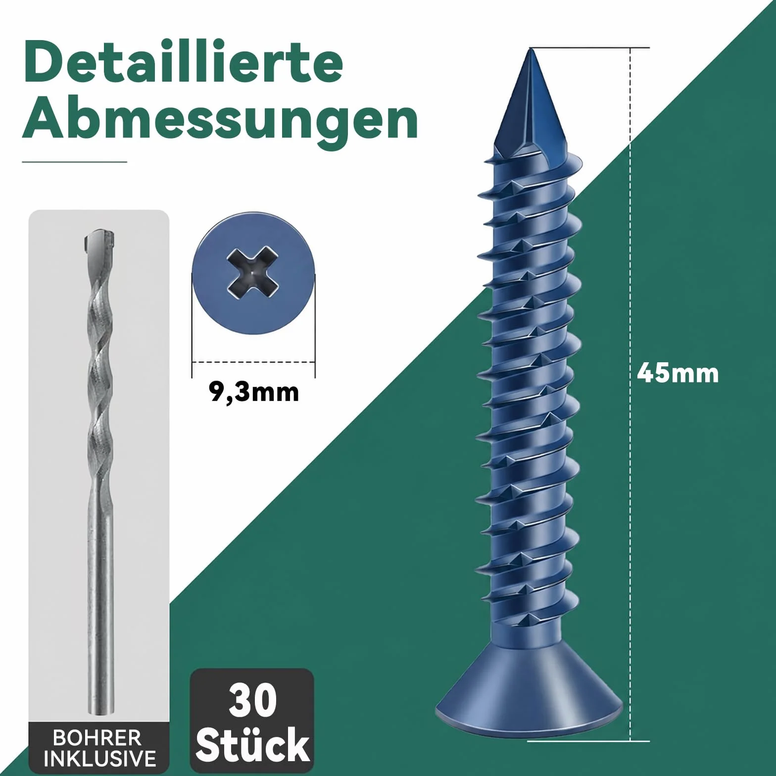 DAYALO Wkręty do betonu z łbem stożkowym z gniazdem krzyżowym M5,5 x 45, 30 sztuk śruby do betonu ocynkowane, z wiertłem i bitem wkrętakowym, do muru, betonu, architektury, przemysłu (niebieskie)
