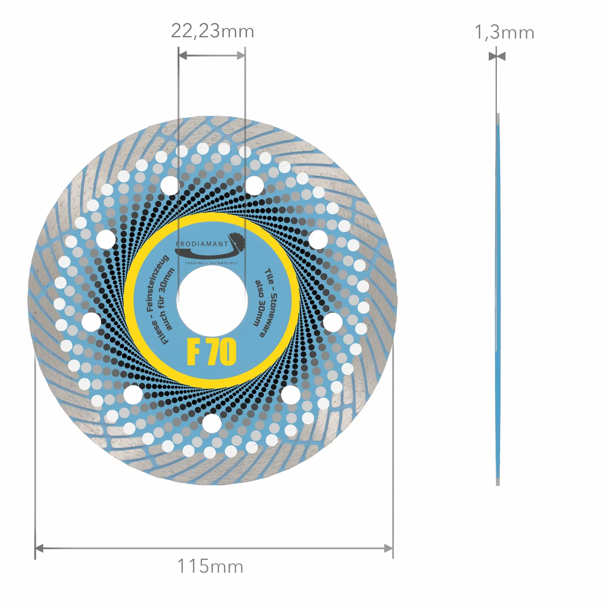 PRODIAMANT Profesjonalna diamentowa tarcza do cięcia gresu F70 bardzo cienka 115 mm x 22,2 mm diamentowa tarcza do cięcia na sucho do 3 cm płyt tarasowych