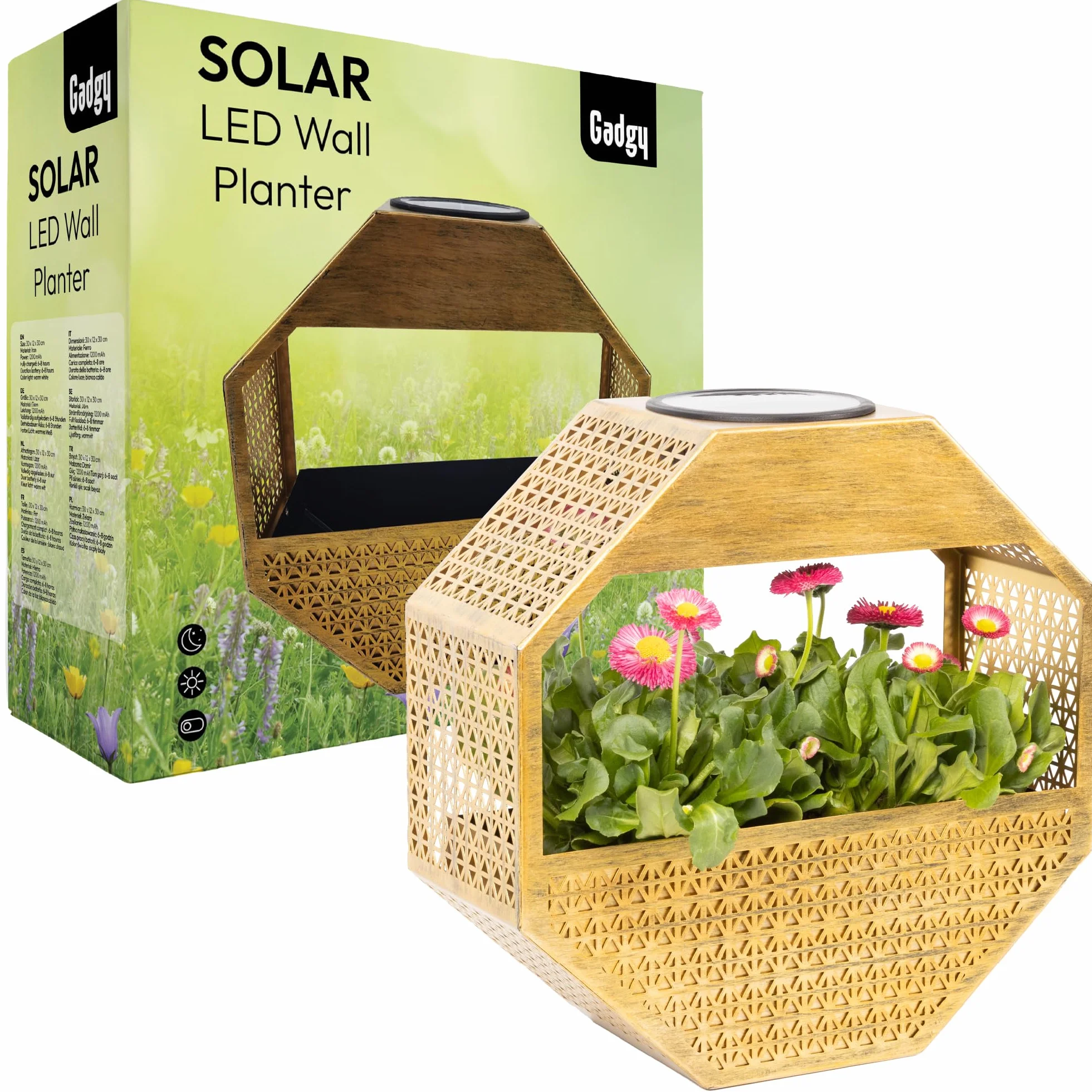 Gadgy Solarna lampa ścienna z doniczką - solarna lampa ścienna z ciepłym białym światłem, dekoracja ścienna balkonowa z jasną skrzynką na kwiaty - oświetlenie ogrodowe odporne na warunki atmosferyczne