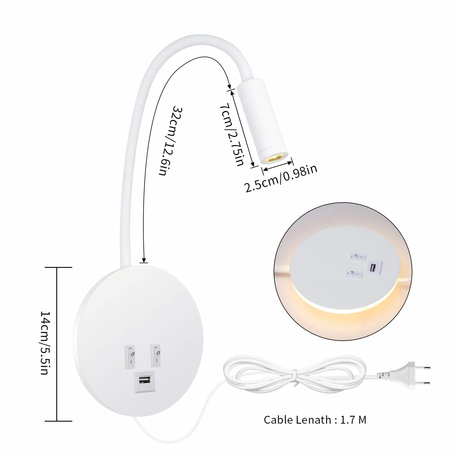 ERWEY Lampka do czytania na łóżku, lampa do czytania, montaż ścienny, 3 W + 8 W, lampka do łóżka z przełącznikiem i ładowaniem USB, lampa ścienna LED do czytania, obracana o 360°, z wtyczką i kablem
