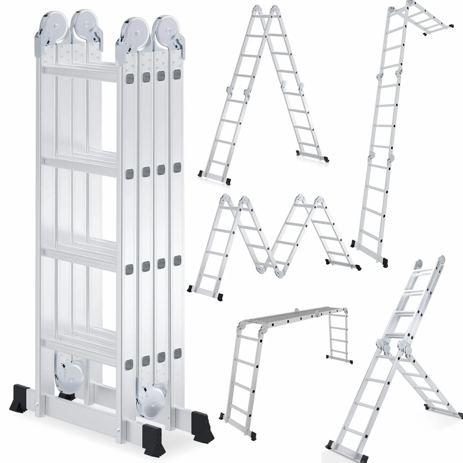 Ikodm Aluminiowa drabina wielofunkcyjna 4 x 4 stopnie 468 cm 7 w 1, 150 kg | Wysokiej jakości aluminium; antypoślizgowe; elastyczne zastosowanie 7 w 1; nośność 150 kg; dom i ogród; kompaktowo składany