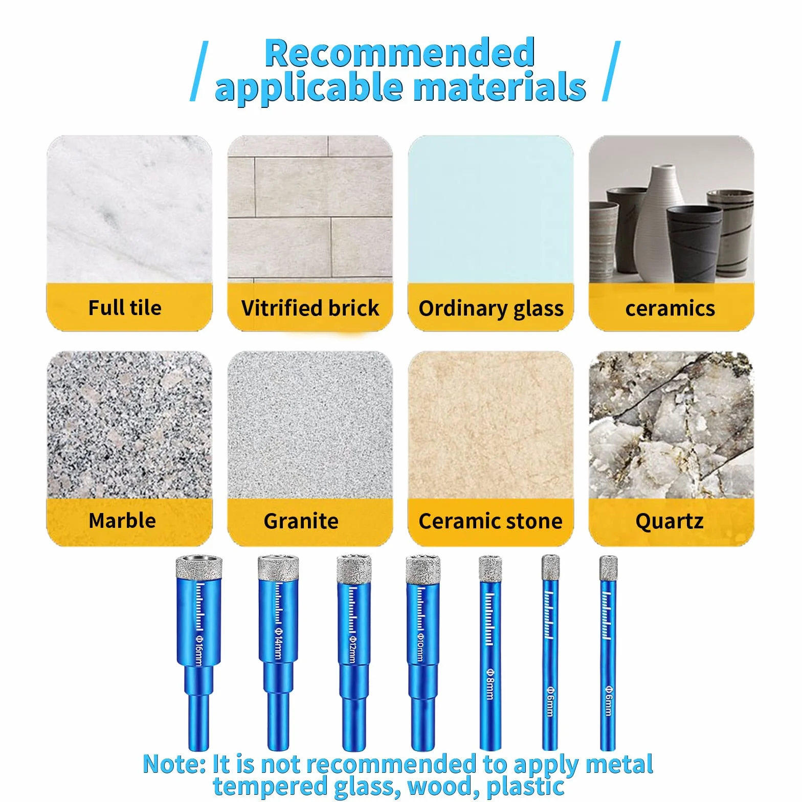 7-częściowy zestaw wierteł diamentowych, zestaw wierteł z gresu porcelanowego, wiertło diamentowe, wiertło w kratkę, zestaw wierteł 6 × 2/8/10/12/14/16 mm