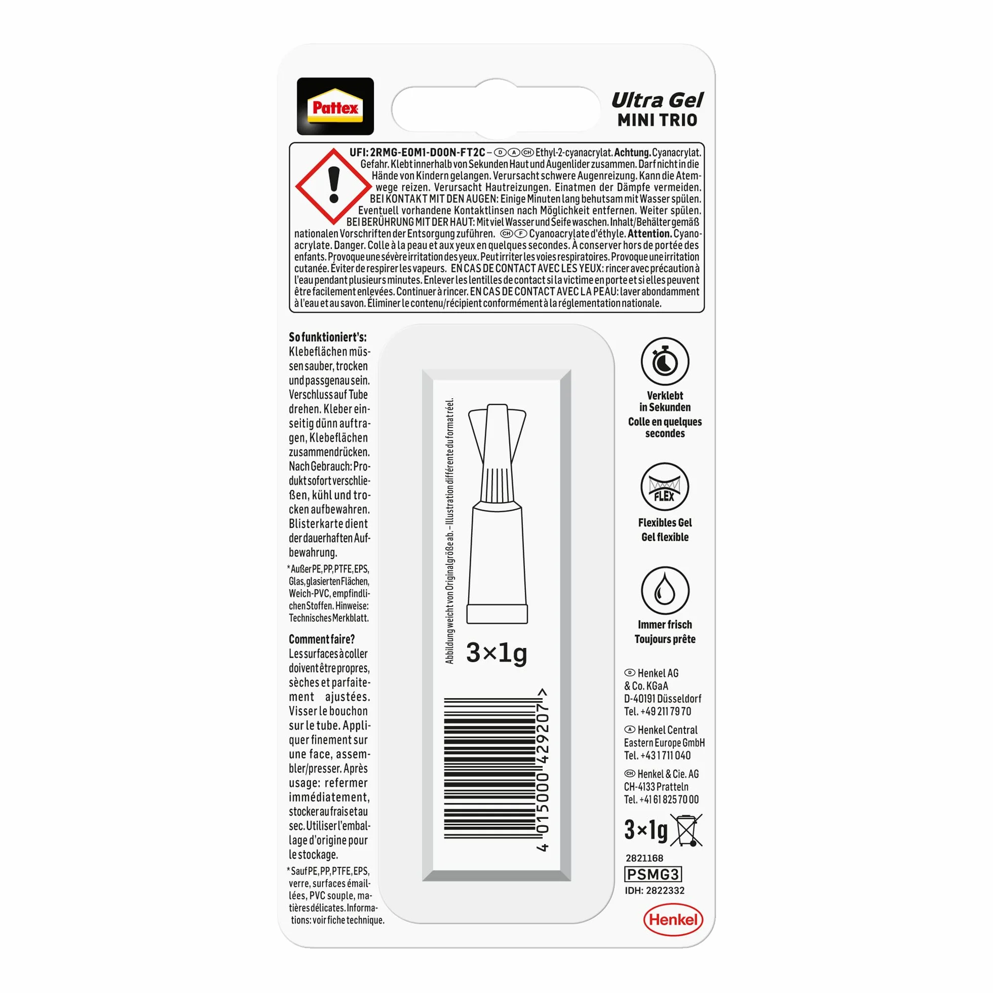 Pattex Klej błyskawiczny Ultra Gel Mini Trio, bardzo mocny i elastyczny superklej w 3 tubkach, klej błyskawiczny w żelu np. do gumy, skóry, drewna, tubka 3 x 1 g, 9H PSMG3