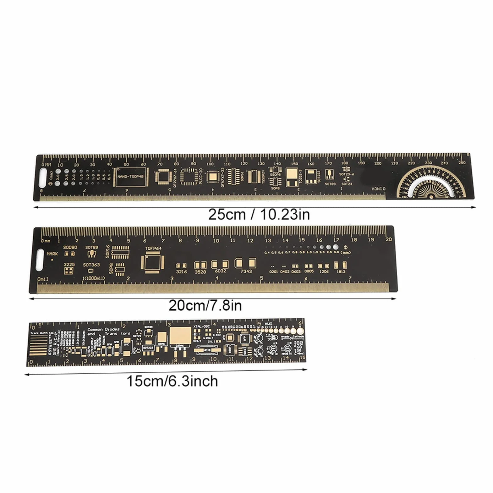 Marhynchus Wielofunkcyjna linijka PCB 15/20/25 cm narzędzie pomiarowe dla elektroników – zintegrowane wielofunkcyjne narzędzie z tworzywa sztucznego – 26 cm