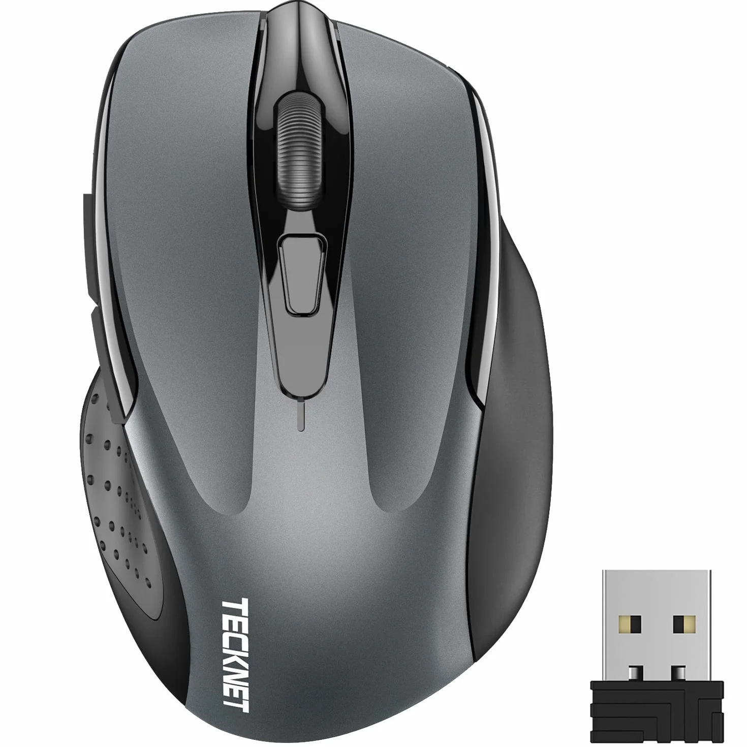 TECKNET Mysz Bezprzewodowa z 6 Przyciskami 2.4G, Ergonomiczna Mysz Optyczna z Nanoodbiornikiem, 24-miesięczna Żywotność Baterii, 5 Poziomów Regulacji DPI (Szary)