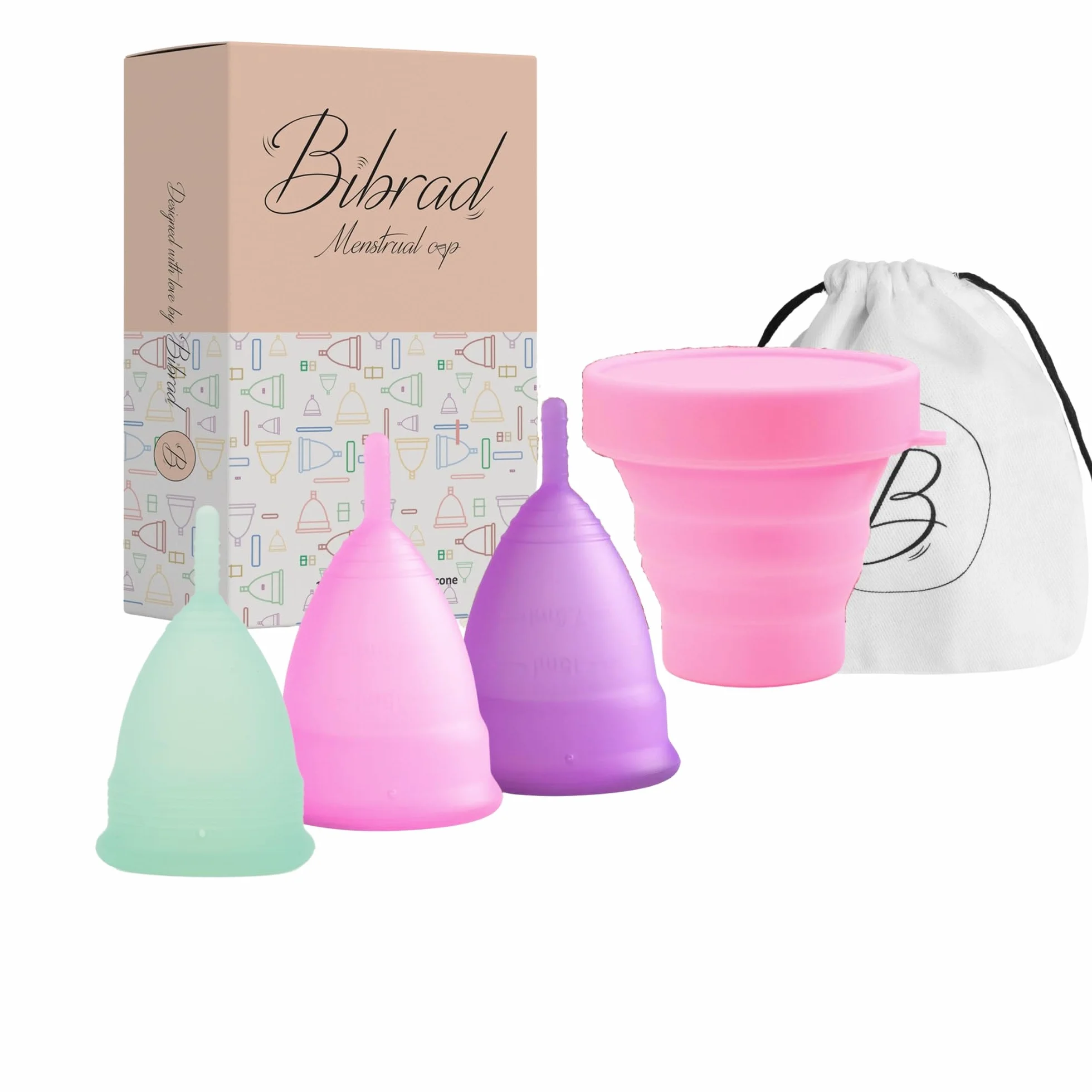 Kubki menstruacyjne Bibrad- 3 kubki menstruacyjne w rozmiarach S, M i L, kubek do sterylizacji i bawełniana torba transportowa - 100% miękki silikon klasy medycznej zmywalny i wielokrotnego użytku