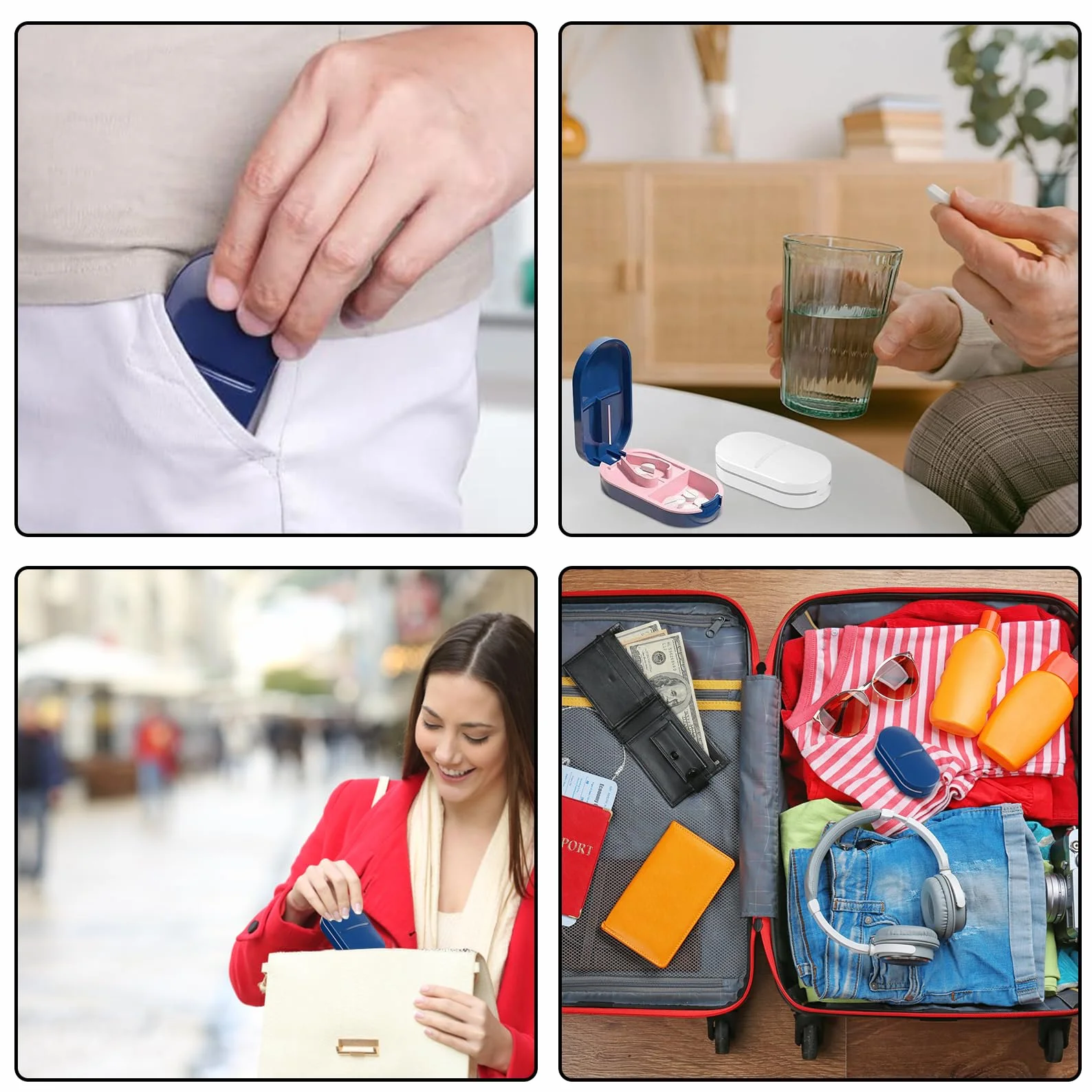 Dzielnik na tabletki, przenośny rozdzielacz tabletek, nieprzezroczysty, niebieski, rozdzielacz do tabletek, bezpłatny podział na tabletki, z przegródką do przechowywania, do wszystkich tabletek
