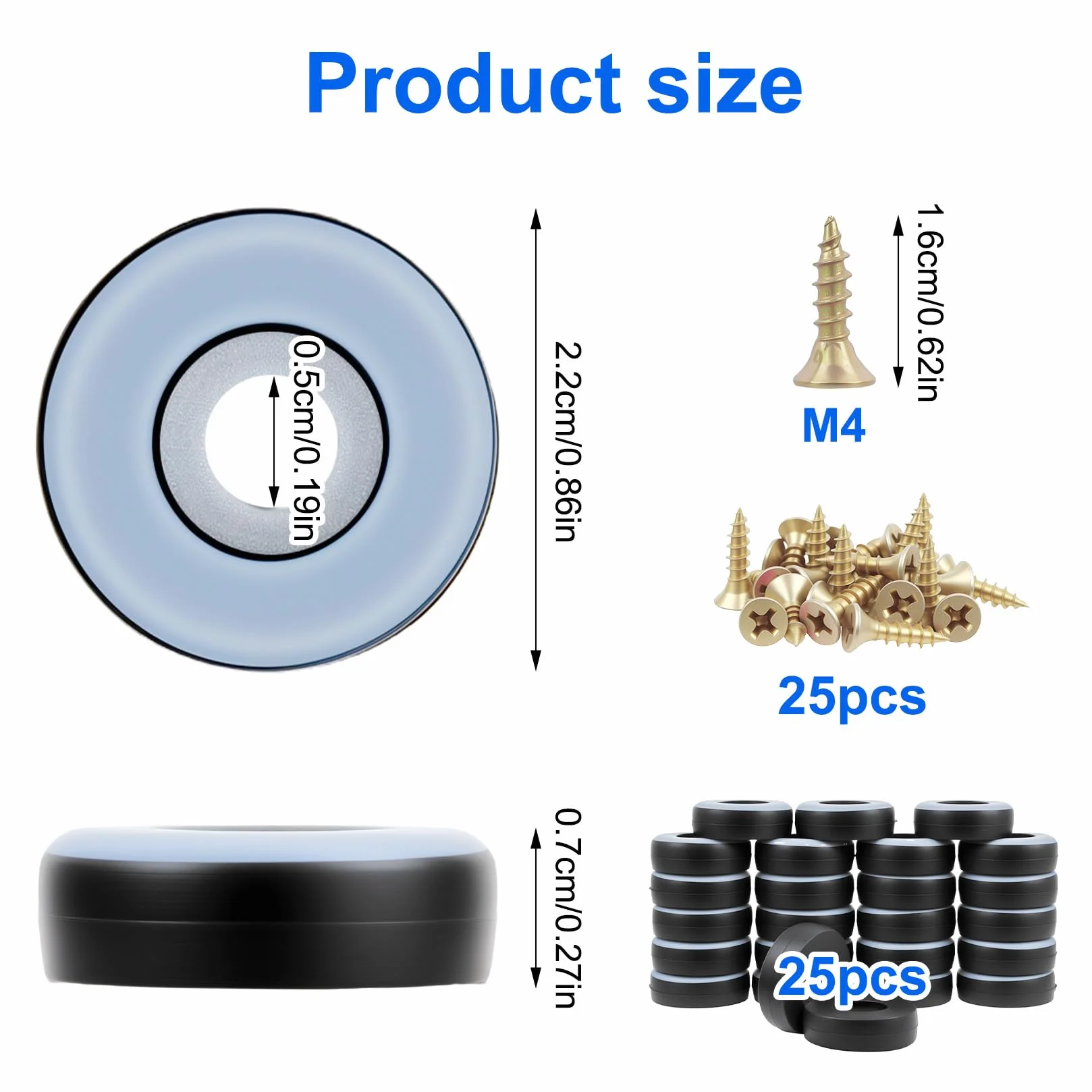 25 sztuk ślizgaczy teflonowych do wkręcania, Ø 22 mm, ślizgacze meblowe do ciężkich mebli, dywanów do krzeseł, krzeseł, podłóg, w zestawie śruby