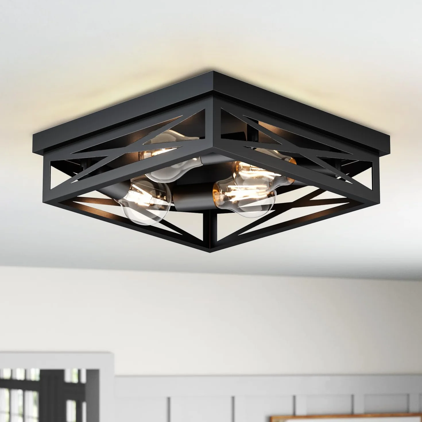 LVWIT Czarna, przemysłowa oprawa sufitowa E27, 4 oprawy oświetleniowe, długość boku 35 cm kwadratowa lampa sufitowa w stylu retro, do przedpokoju, sypialni, salonu, restauracji (żarówka nie jest