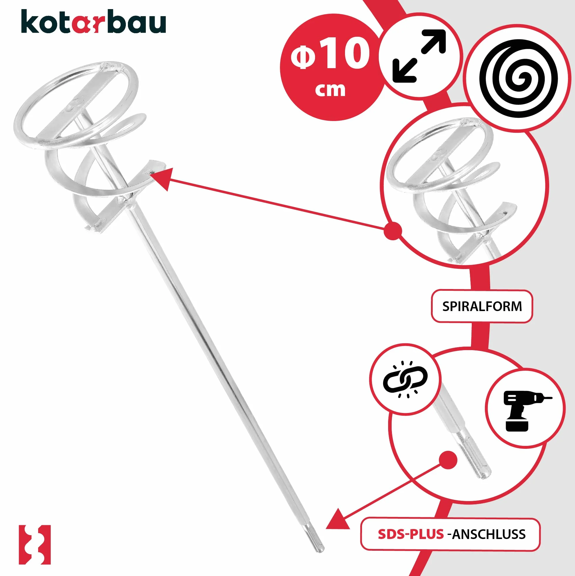 KOTARBAU® Mieszadło spiralne 100 mm do cementu, tynku, gipsu, farb, mieszadła, mieszadła okrągłego, mieszadła kolorowego, mieszadła gipsowego SDS Plus