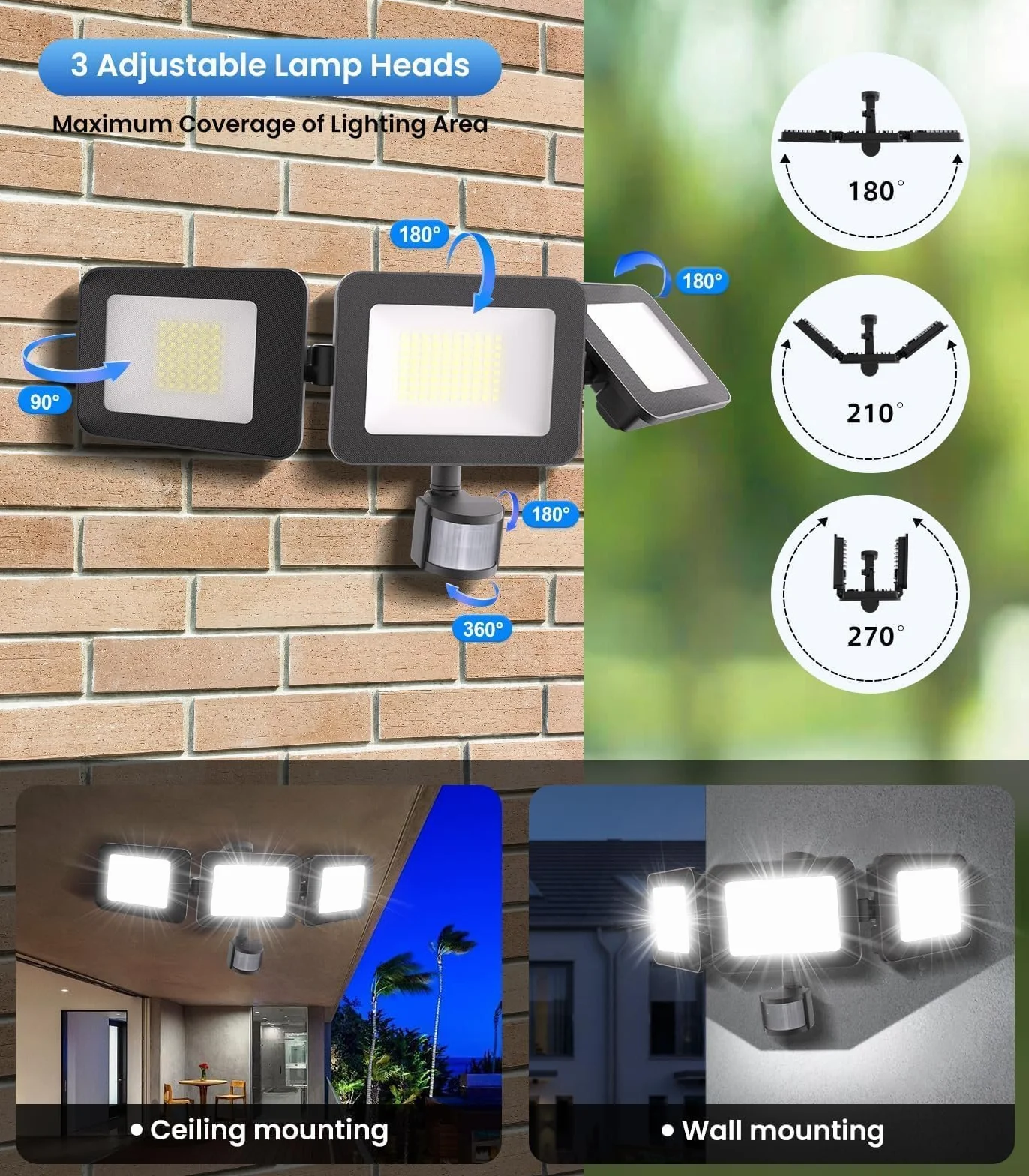 MEIHUA 100W LED Light Motion Sensor Remote Control 9600LM IP66 Waterproof 6500K 3-Head 270° Adjustable Outdoor Floodlight