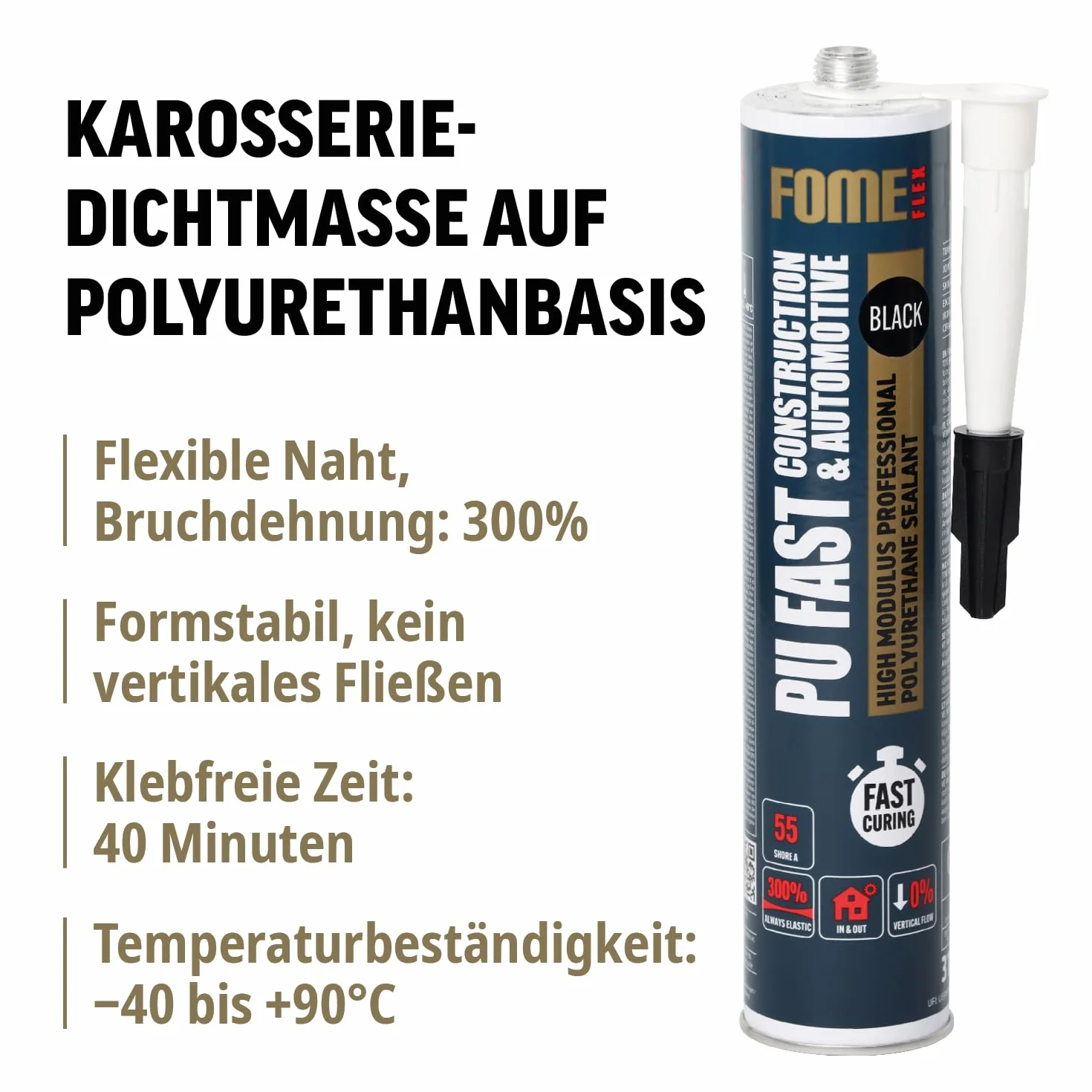Masa uszczelniająca i klej do karoserii, na bazie poliuretanu, FOME FLEX PU FAST High Modulus, czarna, do budowy karoserii samochodów i przyczep kempingowych