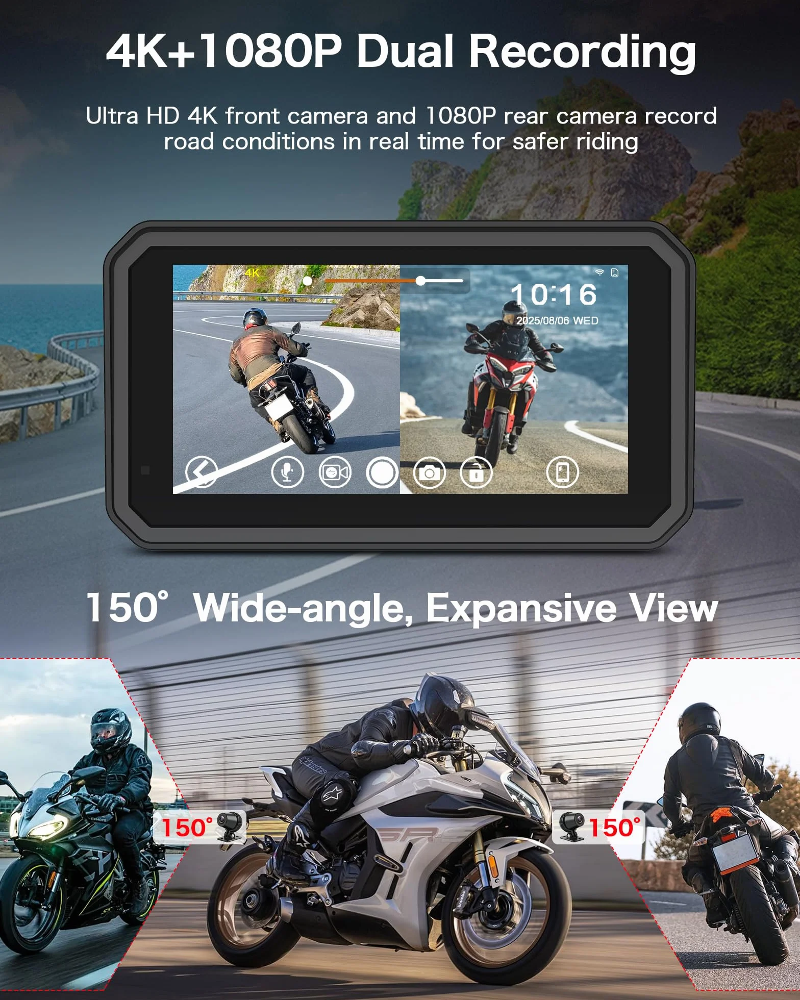 Kamera samochodowa 4K CarPlay z systemem Android, 6,25", nawigacja motocyklowa, wodoszczelność IP67, nawigacja GPS, do motocykli, Dual Bluetooth, Siri/G-Oogle Assistant, karta 64 GB