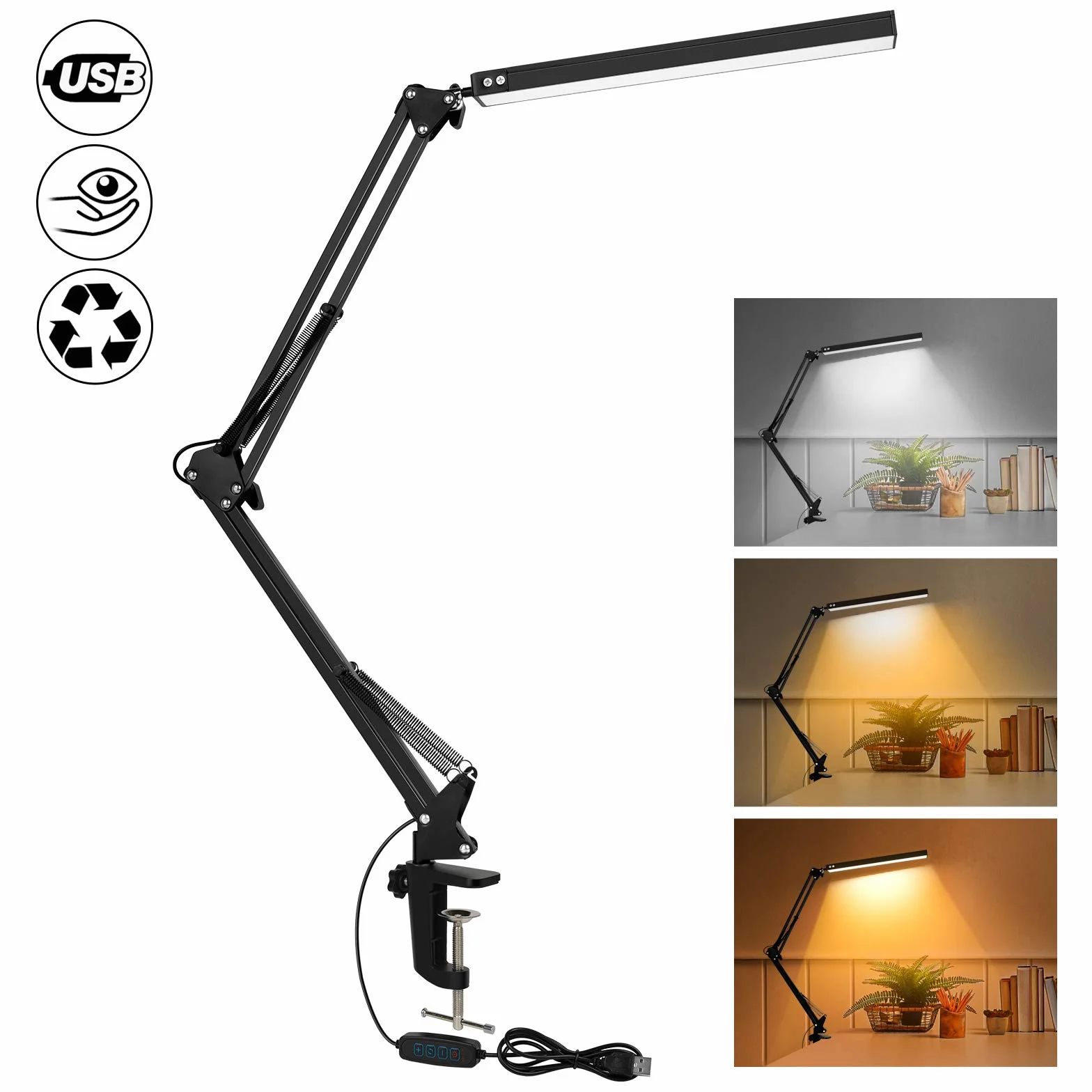 SKYLEO Lampka Biurkowa LED z Klipsem - Lampka LED Chroniąca Oczy - Regulowane Pod Wieloma Kątami światło Robocze - 3 Tryby świecenia X 10 Poziomów Jasności - Czarna