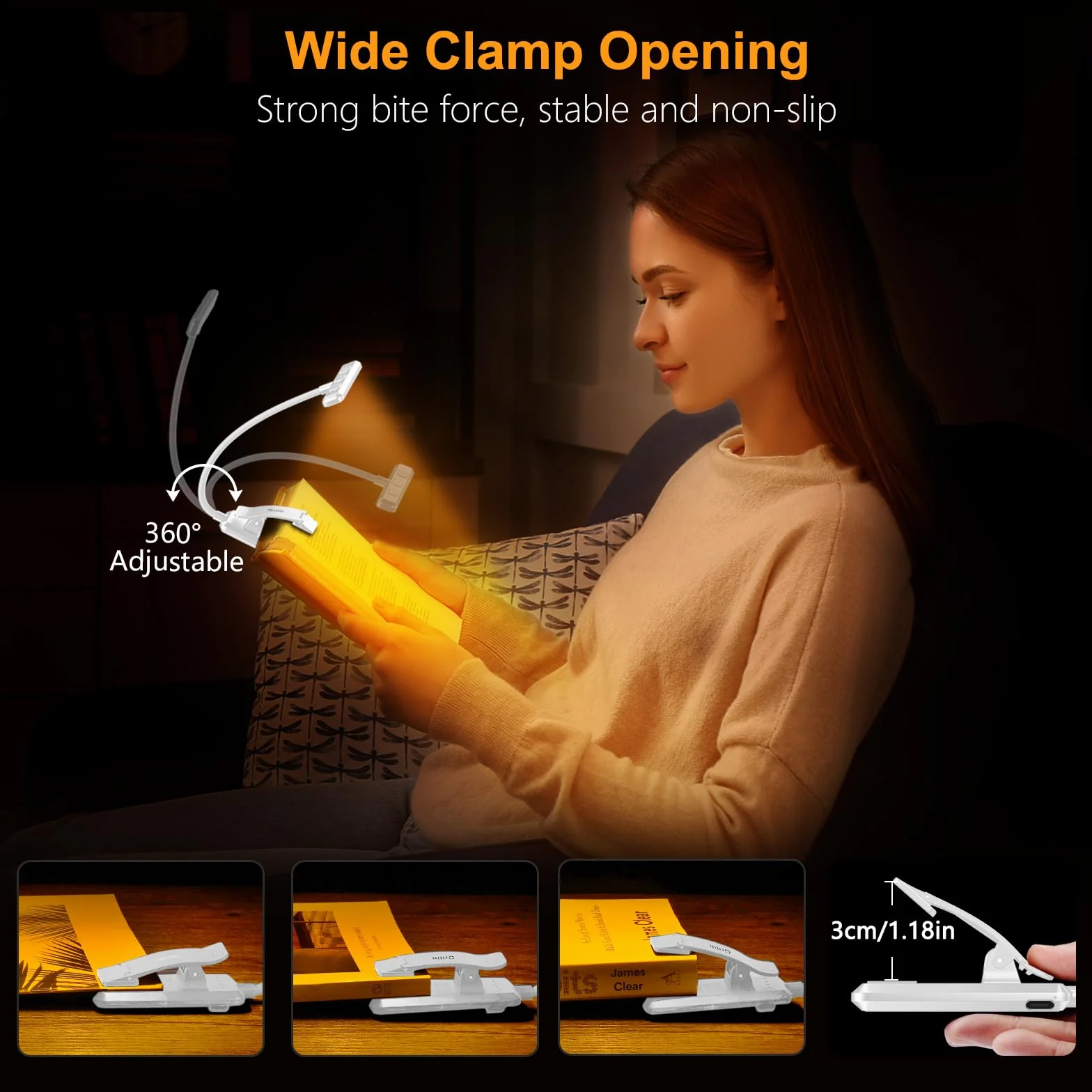 Gritin Lampka do Czytania 19 LED, Ładowana Przez USB, 3 Tryby Temperatury Barwowej, Długa żywotność baterii, Płynna Regulacja Jasności, Elastyczna Lampka Zaciskowa 360° do Czytania w Łóżku -Biały