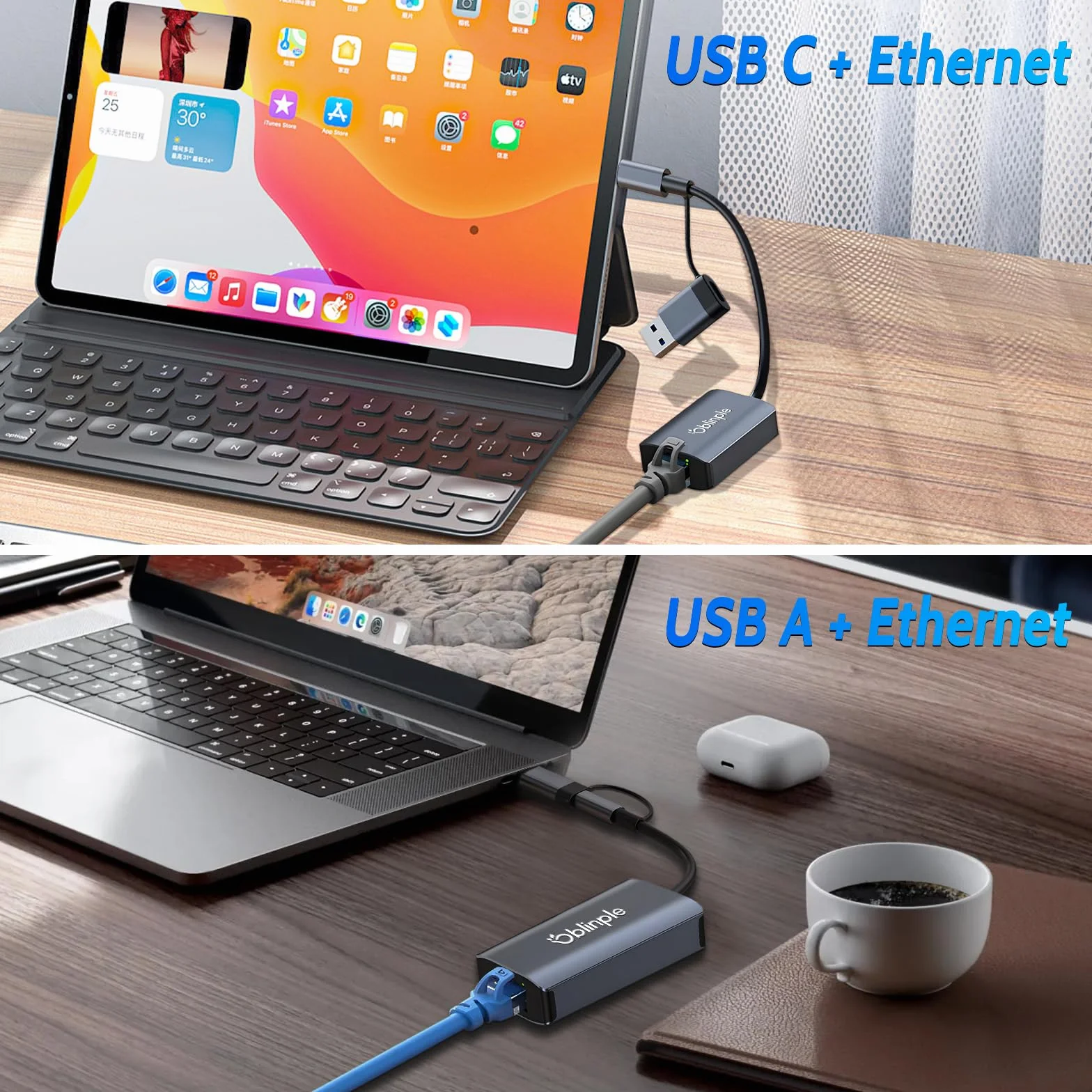 Adapter USB C na Ethernet, 2 w 1, USB 3.0, 1000 Mbps, typ C na RJ45, adapter sieciowy Gigabit LAN, do systemu Windows XP, Mac OS, Linux, Vista, do MacBooka, laptopa