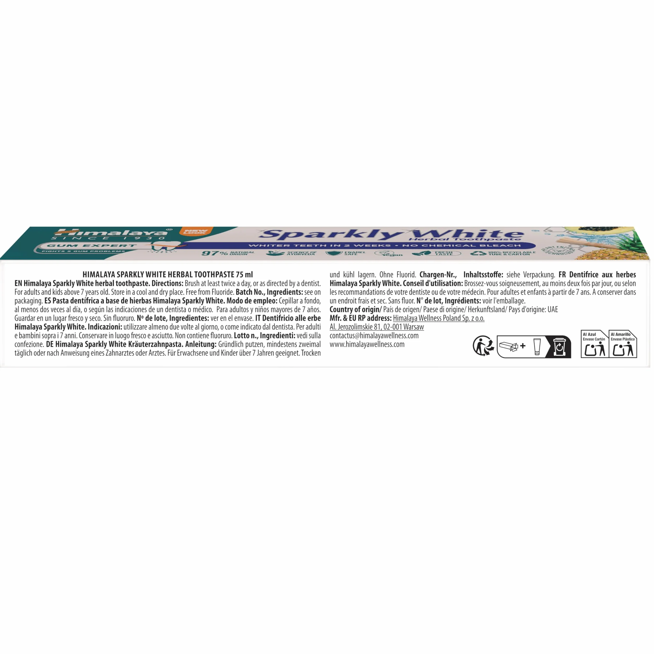 Himalaya Sparkly White Ziołowa Pasta do Zębów 75ml Wybielanie, Zdrowe Dziąsła, Bezpieczna dla Szkliwa, Wzmacnia Zęby | 97% Naturalnych Składników, Wegańska, Bez Fluoru, Technologia Enzymów Roślinnych