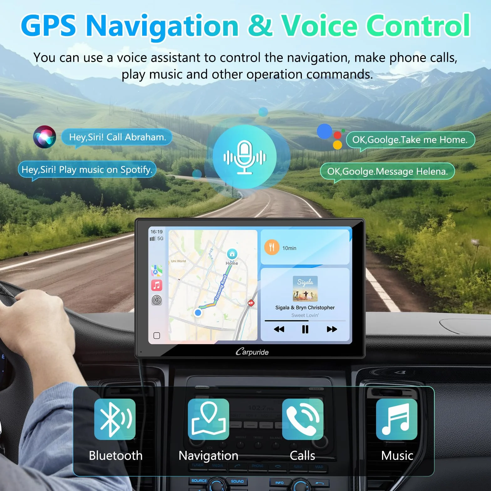 Przenośny samochodowy stereo, Carpuride V9 bezprzewodowe Carplay i Android Auto, 9-calowe radio z ekranem dotykowym 1080P HD z BT 5.0, łącze lustrzane, czujnik światła, uchwyt na deskę