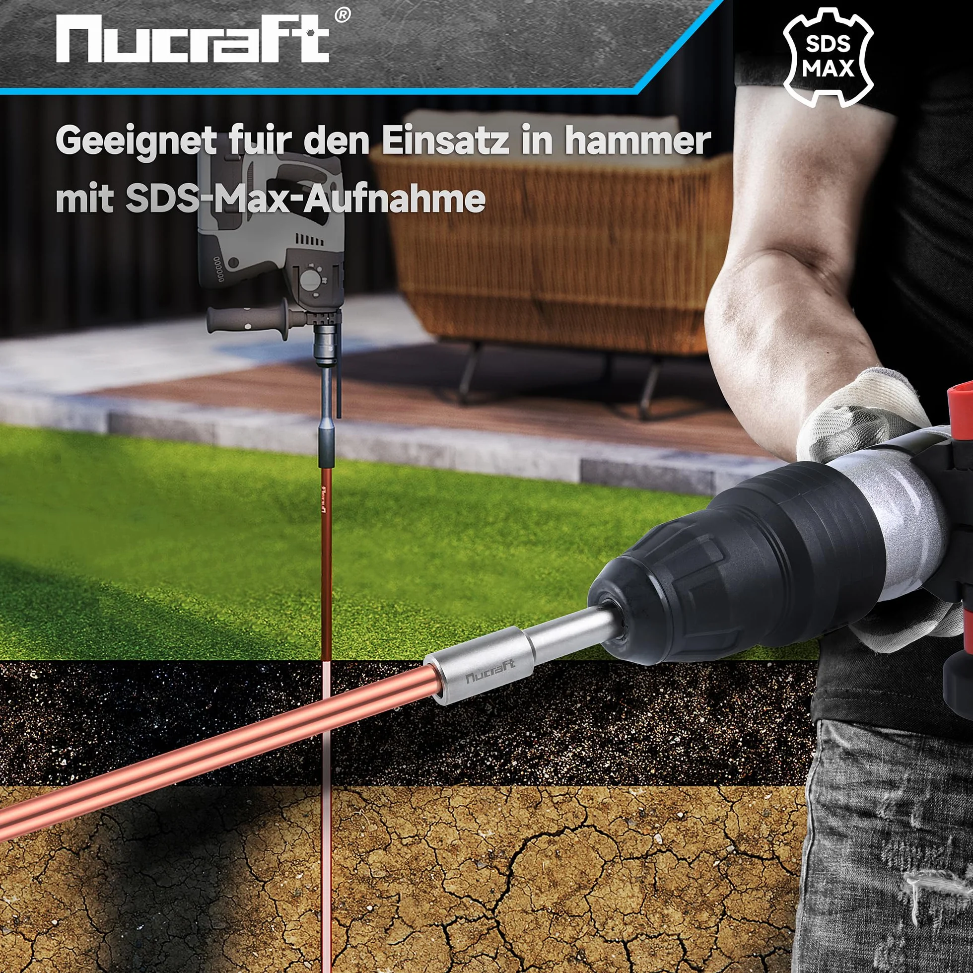Nucraft SDS-MAX profesjonalny chwytak do wbijania gwoździ głębokich, uziemienie pręta, 162 x 28 mm, średnica wewnętrzna 20,5 mm
