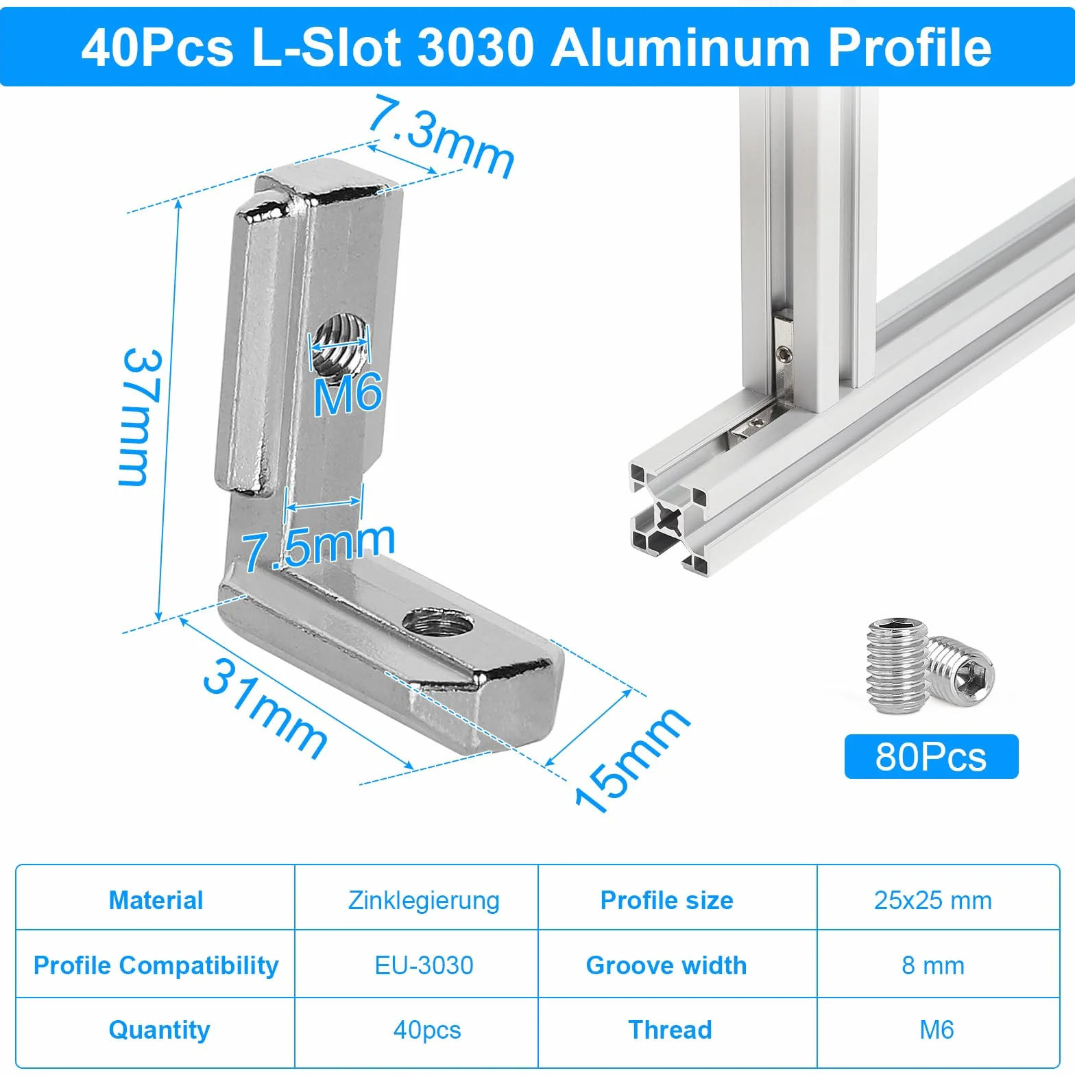 40 wsporników kątowych z rowkiem T Złącze kątowe 3030 Złącze kątowe ze stopu aluminium Uchwyt kątowy Standardowy aluminiowy profil europejski 80 śrub
