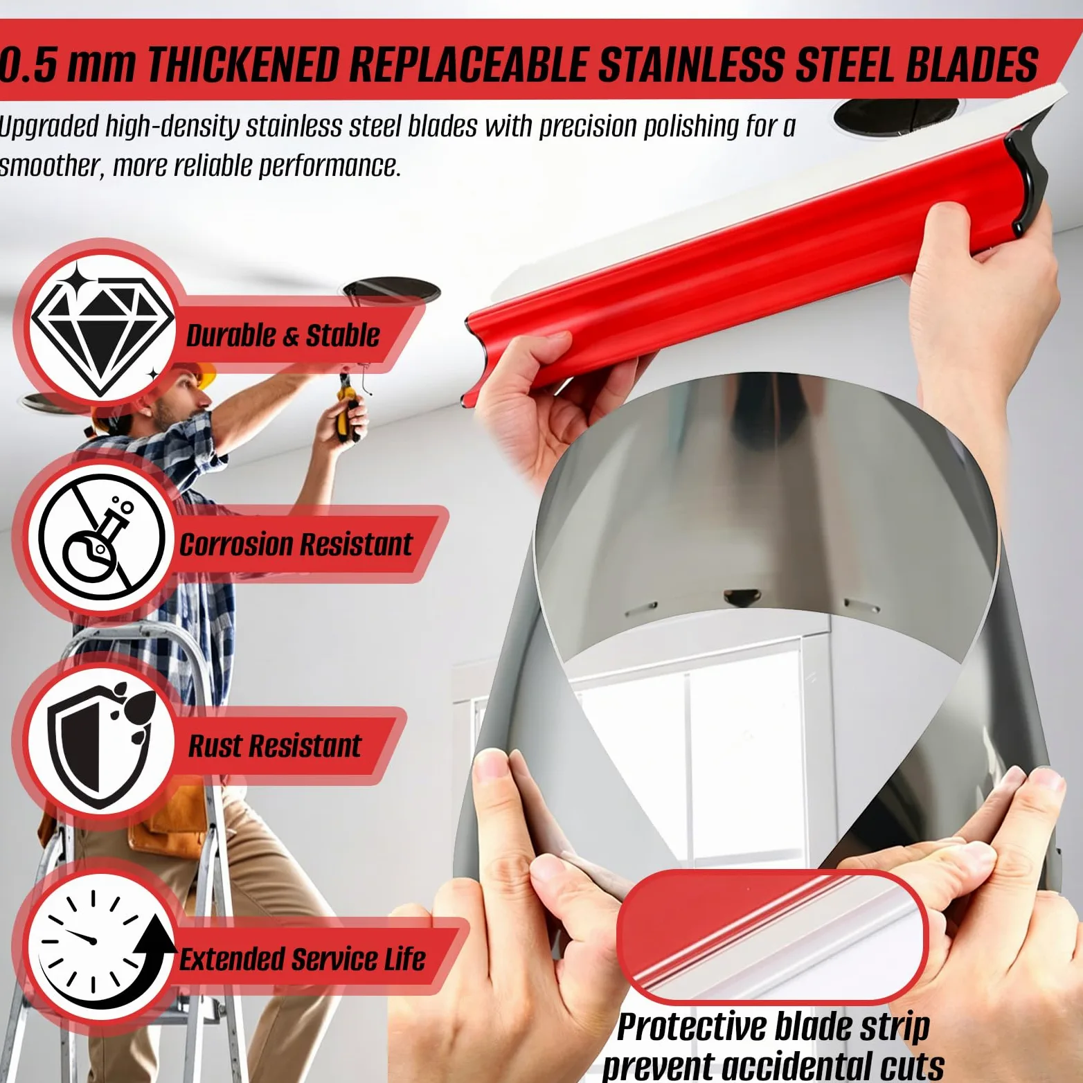 Zestaw szpachli powierzchniowych | szpachla 15/25/40/60/80 cm | wzmocnione ostrze ze stali nierdzewnej 0,5 mm, ergonomiczny uchwyt Z z aluminiowym drążkiem teleskopowym 85-130 cm | wygładzacz do