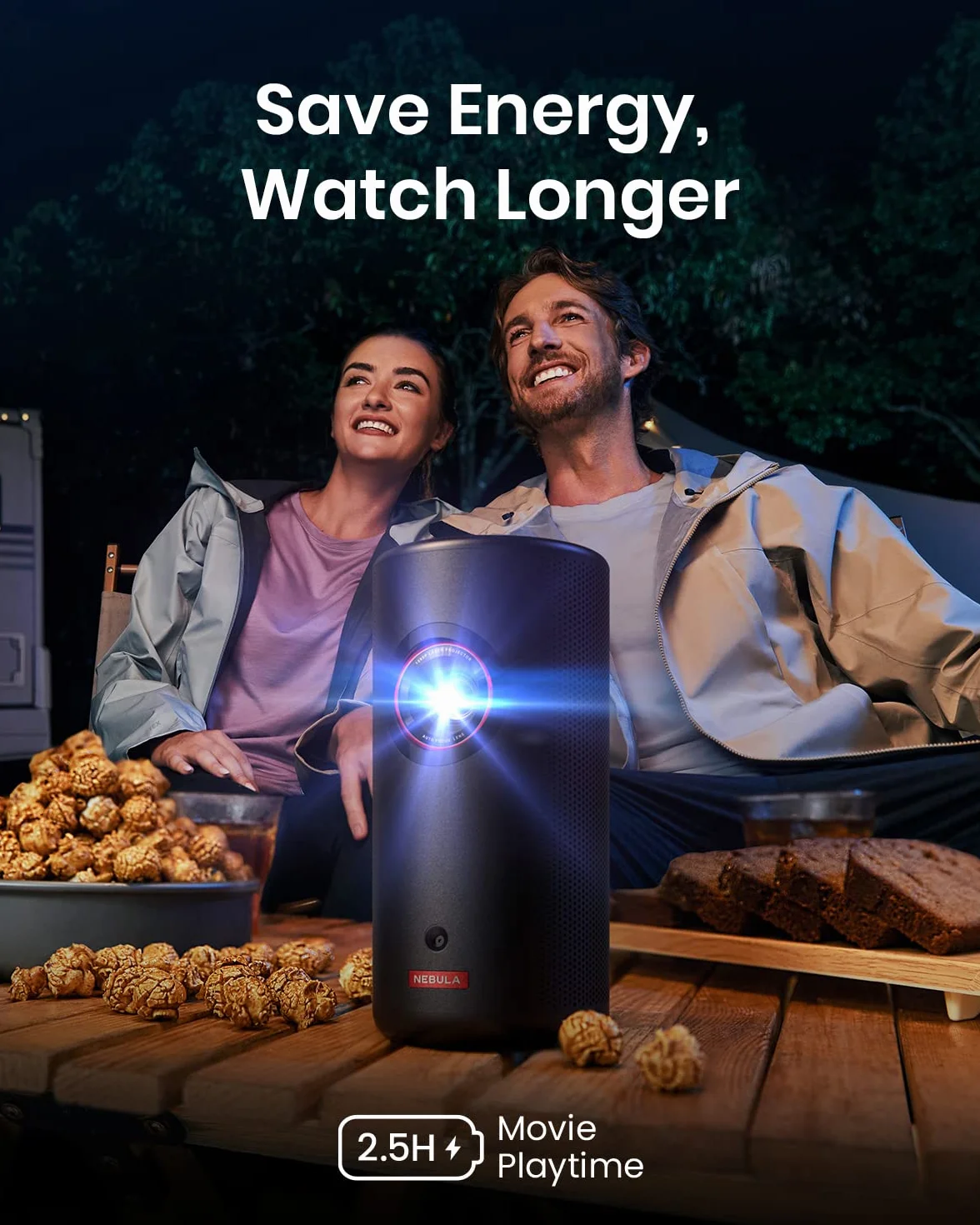 Projektor laserowy NEBULA Capsule 3 GTV(odnowiona), 300 lumenów ANSI, mini projektor Smart TV 1080p z Wi-Fi, mobilny do użytku na zewnątrz, Dolby Digital, projektor laserowy, autofokus, obraz 120 cali