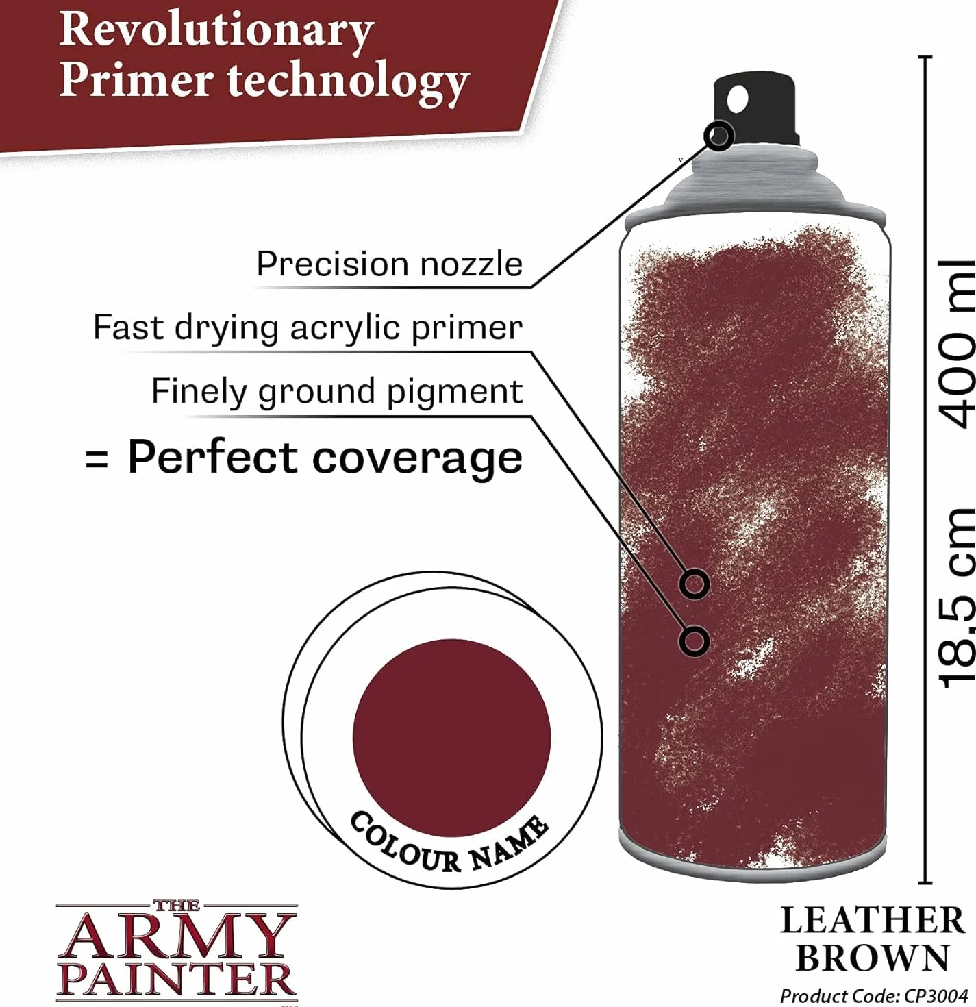 The Army Painter Colour Primer Leather Brown, 400 mL akrylowy spray podkładowy, farba w sprayu do gruntowania figurek, gier fabularnych, planszowych i bitewnych.