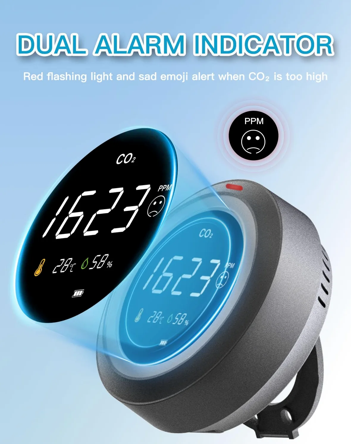 Miernik CO2 LifeBasis 3 w 1, czujnik dwutlenku węgla, pomiar temperatury, wilgotności i jakości powietrza, czujnik CO2 z wyświetlaczem LCD / 0-5000 PPM/precyzyjny czujnik NDIR, czarny, do biura