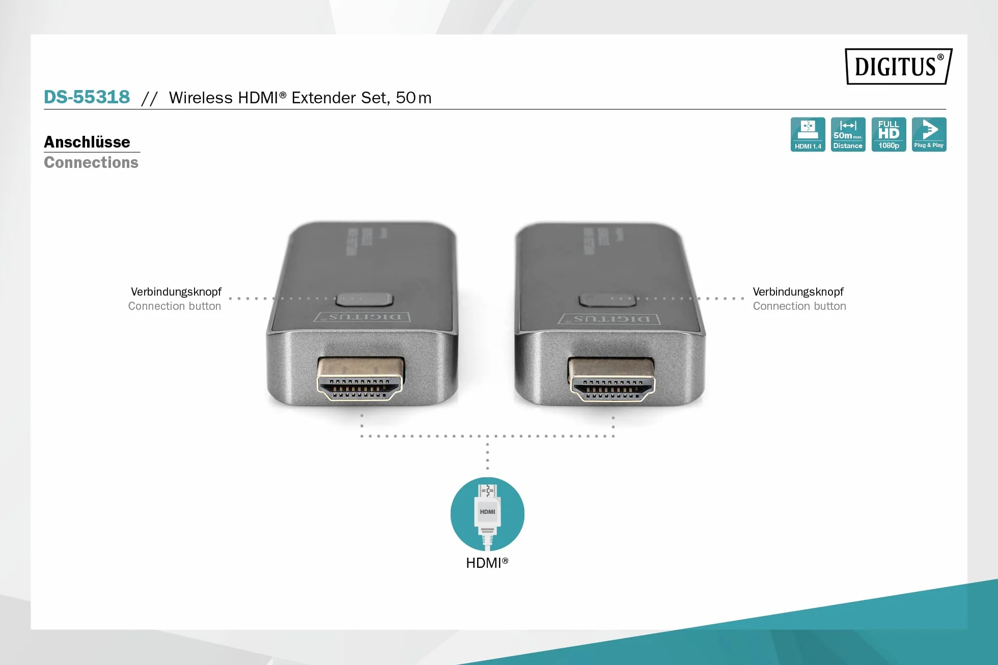 DIGITUS DS-55318 Bezprzewodowy przedłużacz HDMI - Full HD 1080p 60 Hz - Zasięg 50 m - Zestaw: nadajnik i odbiornik - HDMI do HDMI - Plug & Play - HDMI 1.4 i HDCP 1.3