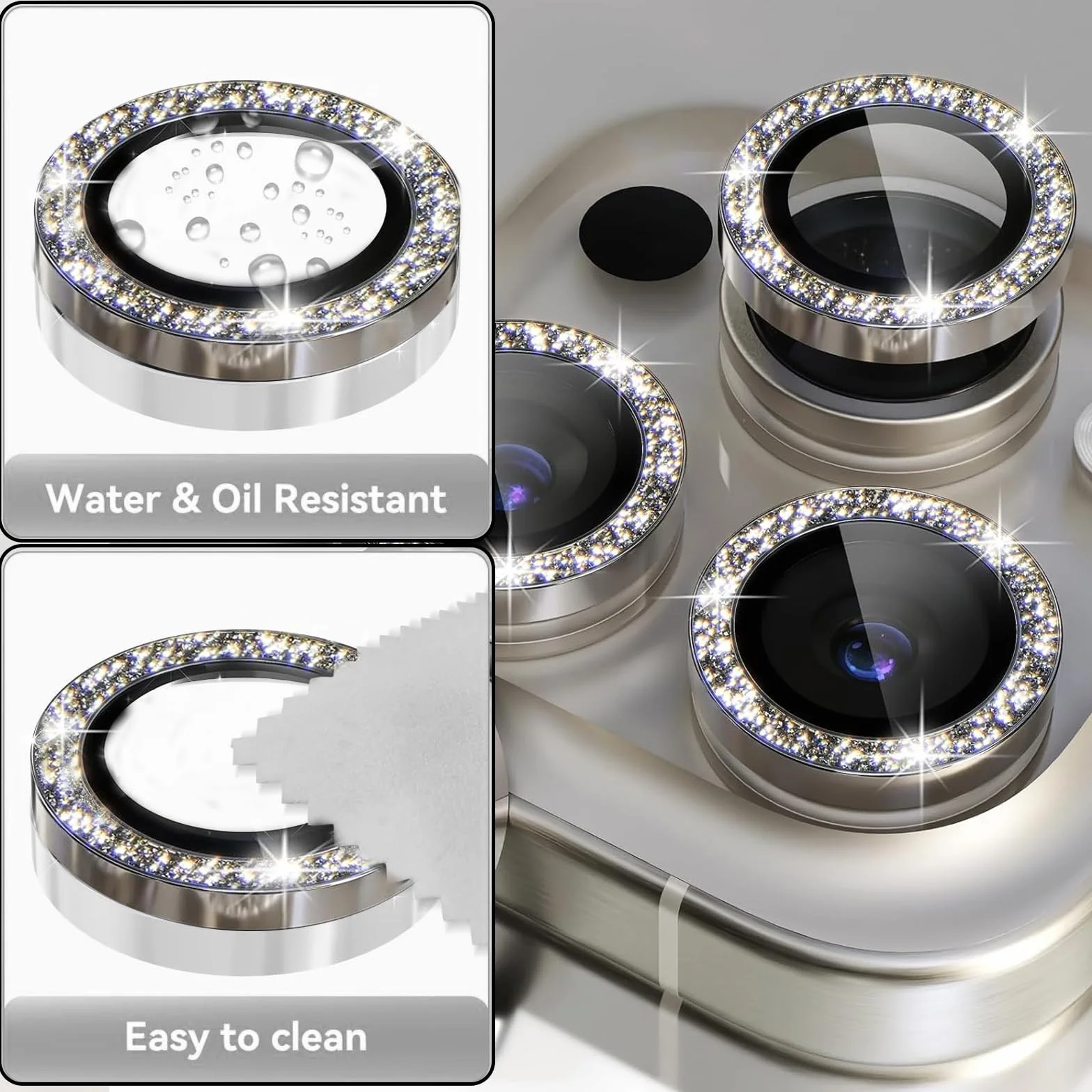 Yamobi Bling osłona obiektywu do aparatu iPhone 16 Pro Max i Pro, ochrona aparatu, szkło hartowane ze strasem, ochrona aparatu iPhone 16 Pro / Pro Max, 3 sztuki