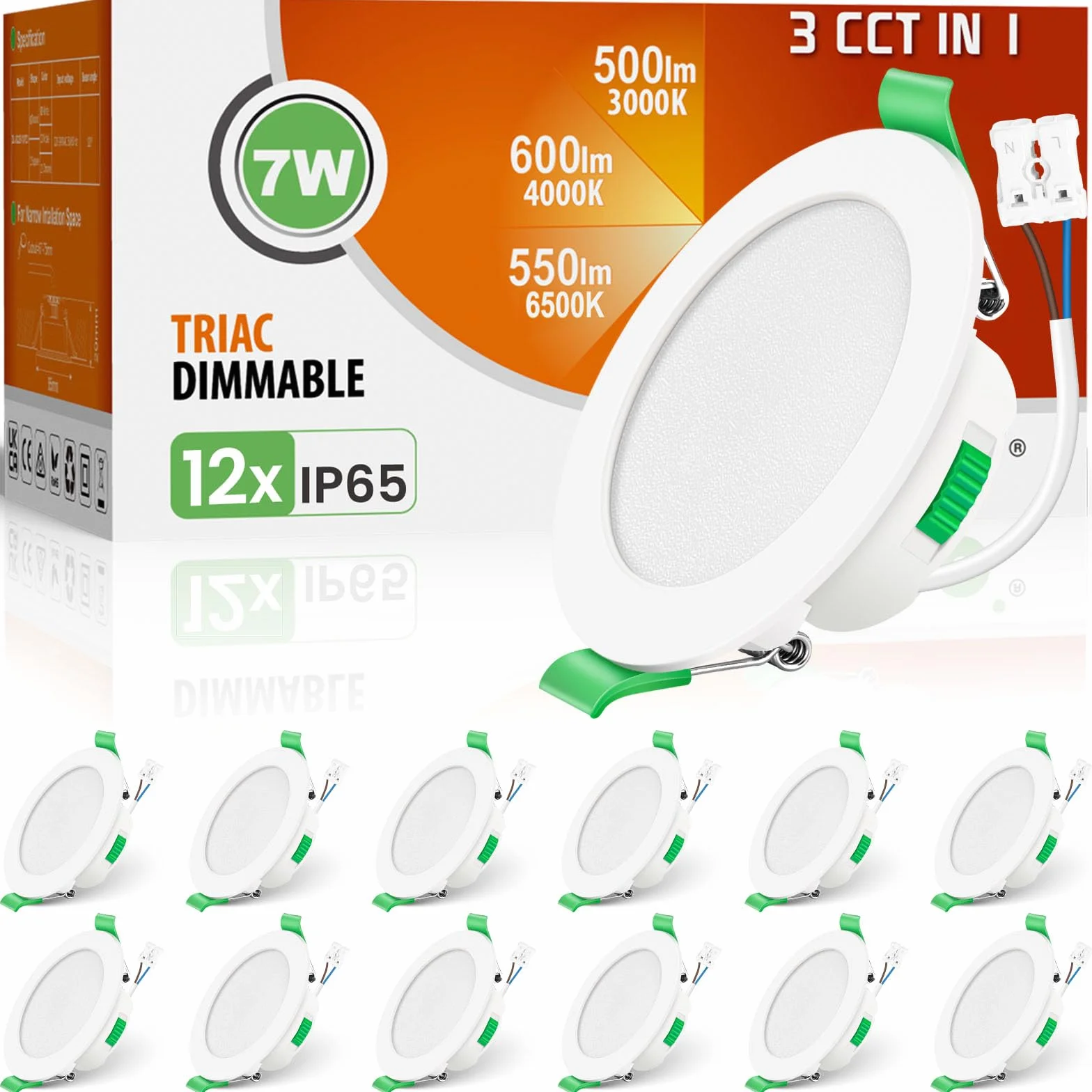 ALUSSO Reflektor sufitowy LED do zabudowy, ściemnialny, 230 V, 7 W, 3000 K, 4000 K, 6500K, wodoodporna, IP65, regulowana, wpuszczana lampa sufitowa do łazienki, salonu, zestaw 12 sztuk, okrągła, biała